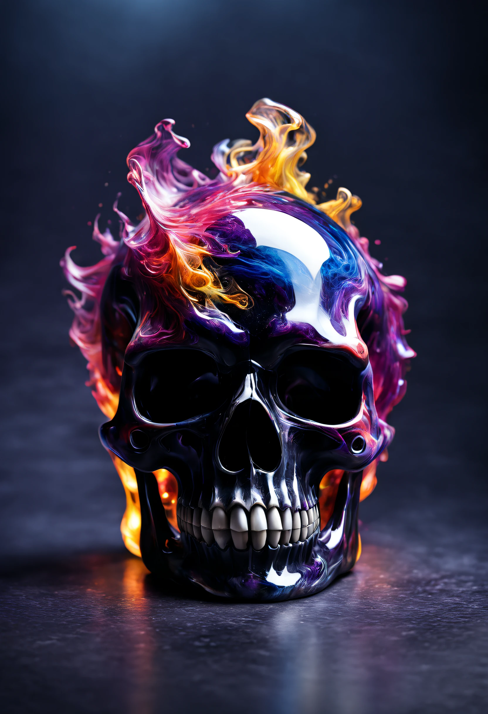 A beautiful realistic magestic darkness glass skull with a coat made of a magnificent colored and fired storm, It's textured and beautiful with lot of multicolored flying dust
