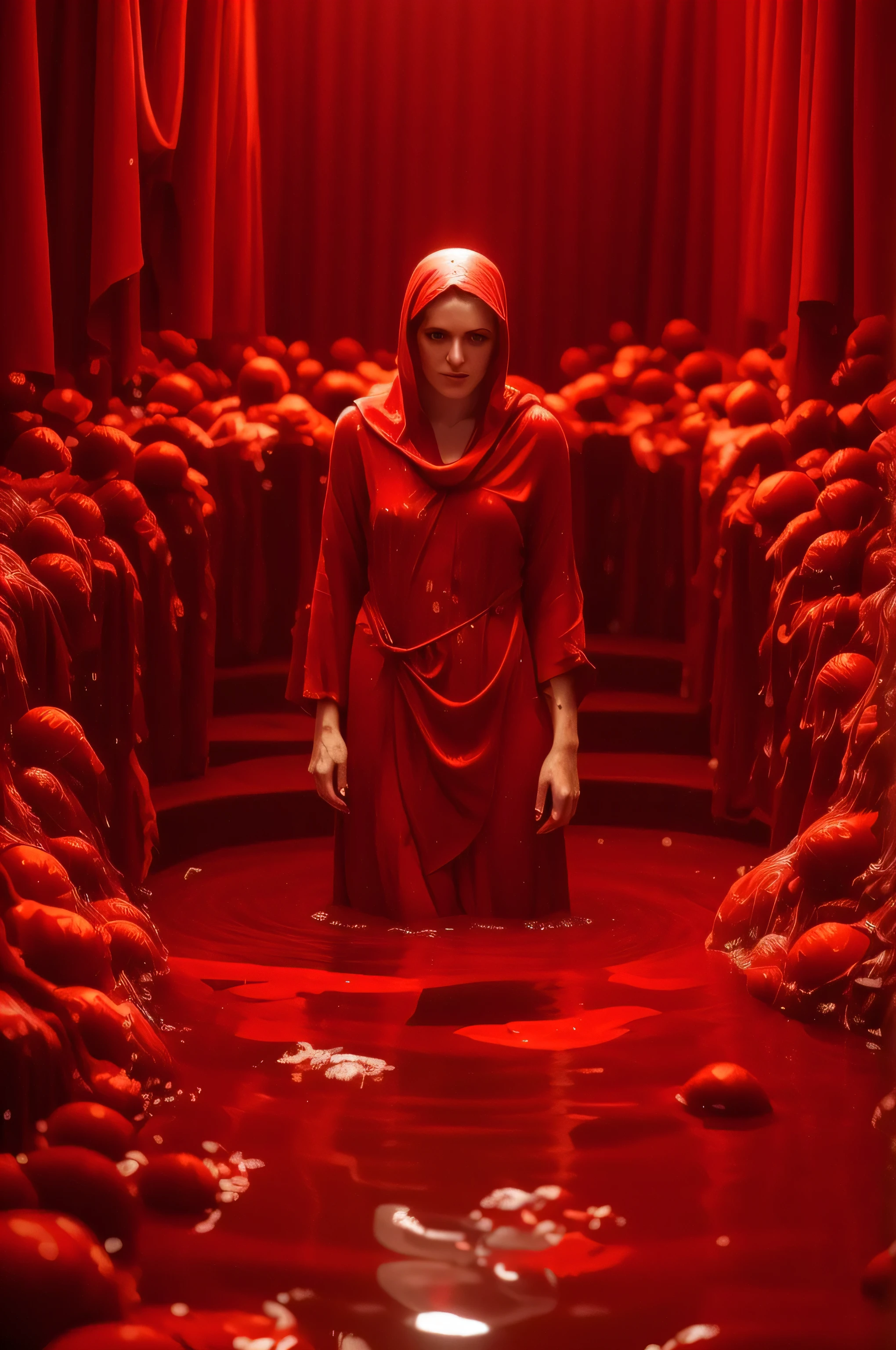 arafed, femme vêtue d&#39;une robe rouge, debout dans une pièce pleine de sang, debout dans une mare de sang, mer de sang, des flaques de sang, revêtement de boue rouge, sang, couvert de chant, carnage, 8 k film fixe, couvert de sang, pale woman couvert de chant, rivières de sang, il pleuvait chantait, Film fixe 8 k