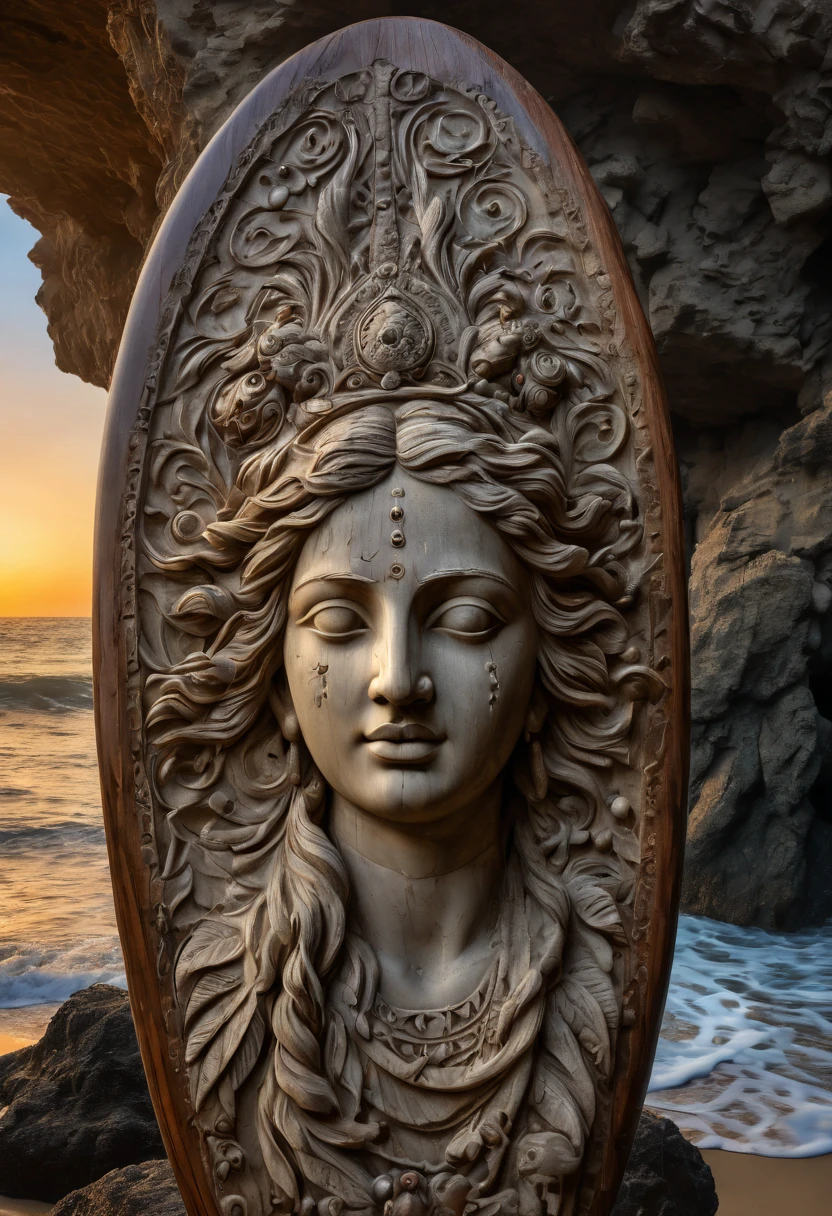 (best quality,4k,8k,highres,masterpiece:1.2),ultra-detailed,(realistic,photorealistic,photo-realistic:1.37),ancient artifacts,ancient relics,beautifully carved stone sculptures,glowing gemstones,ancient symbols,worn and weathered statues,mysterious woman,serene expression,flowing hair,powerful waves,subtle sunset colors,dramatic lighting,magical atmosphere,deep ocean,hidden cave,secrets of the past,engraved inscriptions,surfboard made of ancient wood,archaeological discovery,lost civilization.