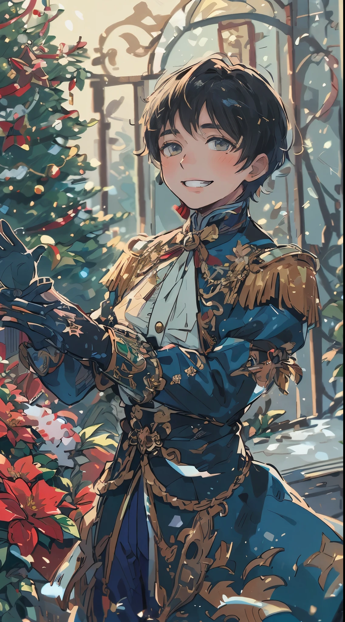 A handsome young man with short black hair, wearing a luxurious costume adorned in blue and gold, smiling with both hands raised in a pose. The background features a fence decorated for Christmas, a glistening tree, and assorted gift boxes, creating a festive atmosphere with a flowerbed embellished with red flowers.high quality, amount of drawing, pixiv illustration