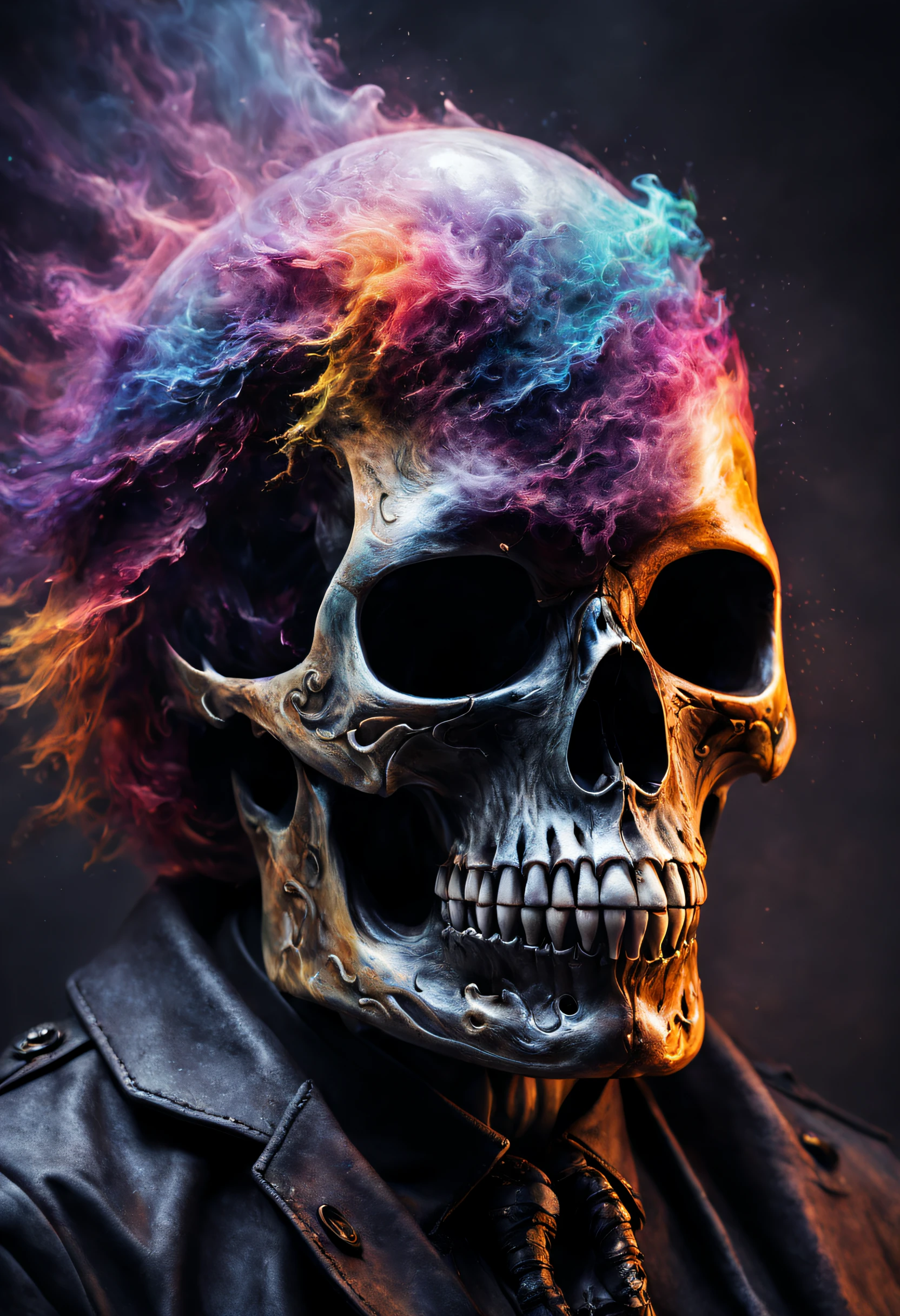 A beautiful realistic magestic darkness glassed skull with a coat made of a magnificent colored and fired wind storm, It's textured and beautiful with lot of multicolored flying dust