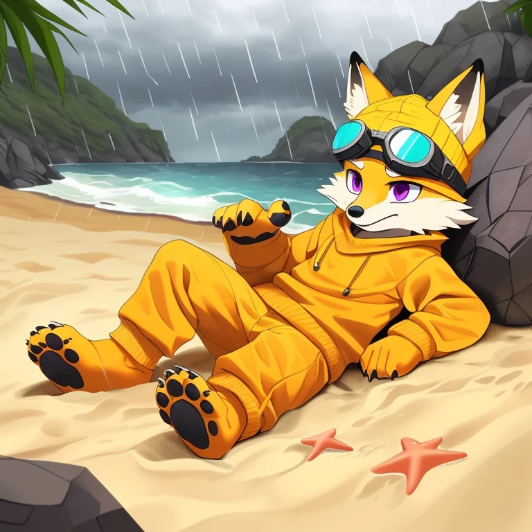 (A character), (fox with yellow fur and white chest), (under muzzle is white), (yellow fur), (white tail tip), (wearing a magenta sweater), (light blue scarf), (yellow jockey hat with orange visor), (orange visor), (magenta eyes), (slim and fit body), (apparently slim but strong appearance), (relaxed expression), (male), (medium height), (solitary), (white eyebrows), (4 toes on his paws), (5 toes on his hands), (magenta eyes), fluffy, (fluffy fur), (goggles), (black crystal goggles), (yellow paws), (background beach), (beach), (rocks in the sand), rocks, (his sweater covers his crotch), (yellow tail with white tips), (his paws and hands are yellow), (black paws), (claws), (golden fur), (golden yellow fur), (black pawpads), kerchief, (lying), (cloudy), (cloudy day), (cloudy day at the beach), (rain), (rain at the beach), (rain at the beach), (yellow cap), (yellow cap with orange visor), young, (white eyebrows), (thick eyebrows), (claws on their toes), (claws on their fingers), (short claws), short, (medium height), (lying down), downpour, solo