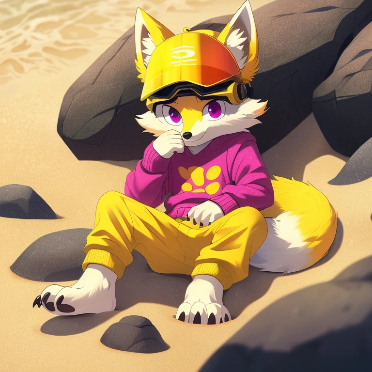 (A character), (fox with yellow fur and white chest), (under muzzle is white), (yellow fur), (white tail tip), (wearing a magenta sweater), (light blue scarf), (yellow jockey hat with orange visor), (orange visor), (magenta eyes), (slim and fit body), (apparently slim but strong appearance), (relaxed expression), (male), (medium height), (solitary), (white eyebrows), (4 toes on his paws), (5 toes on his hands), (magenta eyes), fluffy, (fluffy fur), (goggles), (black crystal goggles), (yellow paws), (background beach), (beach), (rocks in the sand), rocks, (his sweater covers his crotch), (yellow tail with white tips), (his paws and hands are yellow), (black paws), (claws), (golden fur), (golden yellow fur), (black pawpads), kerchief, (lying), (cloudy), (cloudy day), (cloudy day at the beach), (rain), (rain at the beach), (rain at the beach), (yellow cap), (yellow cap with orange visor), young, (white eyebrows), (thick eyebrows), (claws on their toes), (claws on their fingers), (short claws), short, (medium height), (lying down), downpour, solo