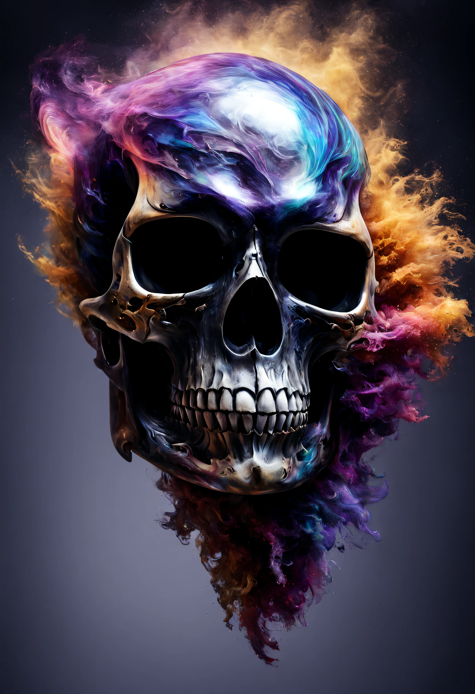 A beautiful realistic magestic darkness glassed skull with a coat made of a magnificent colored and fired wind storm, It's textured and beautiful with lot of multicolored flying dust