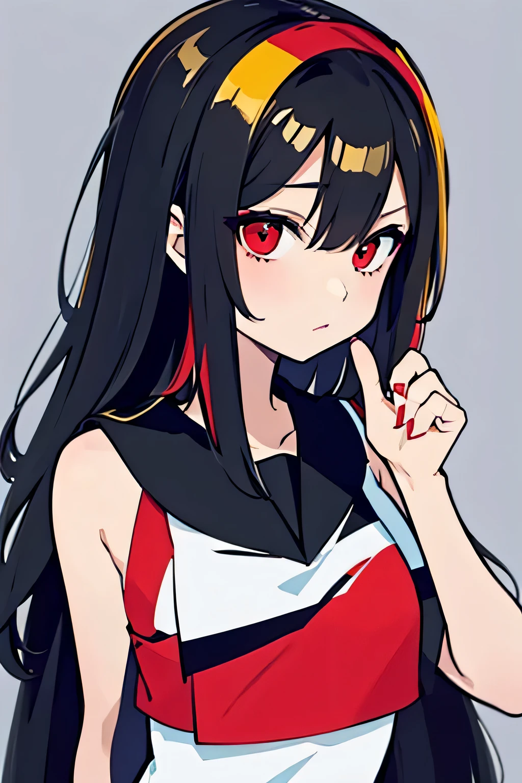 TALL GIRL WITH RED EYES WEARING A SCHOOLGIRL OUTFIT WITH RED AND BLACK COLORS THAT HAS A FIRE FLAMES DESIGN