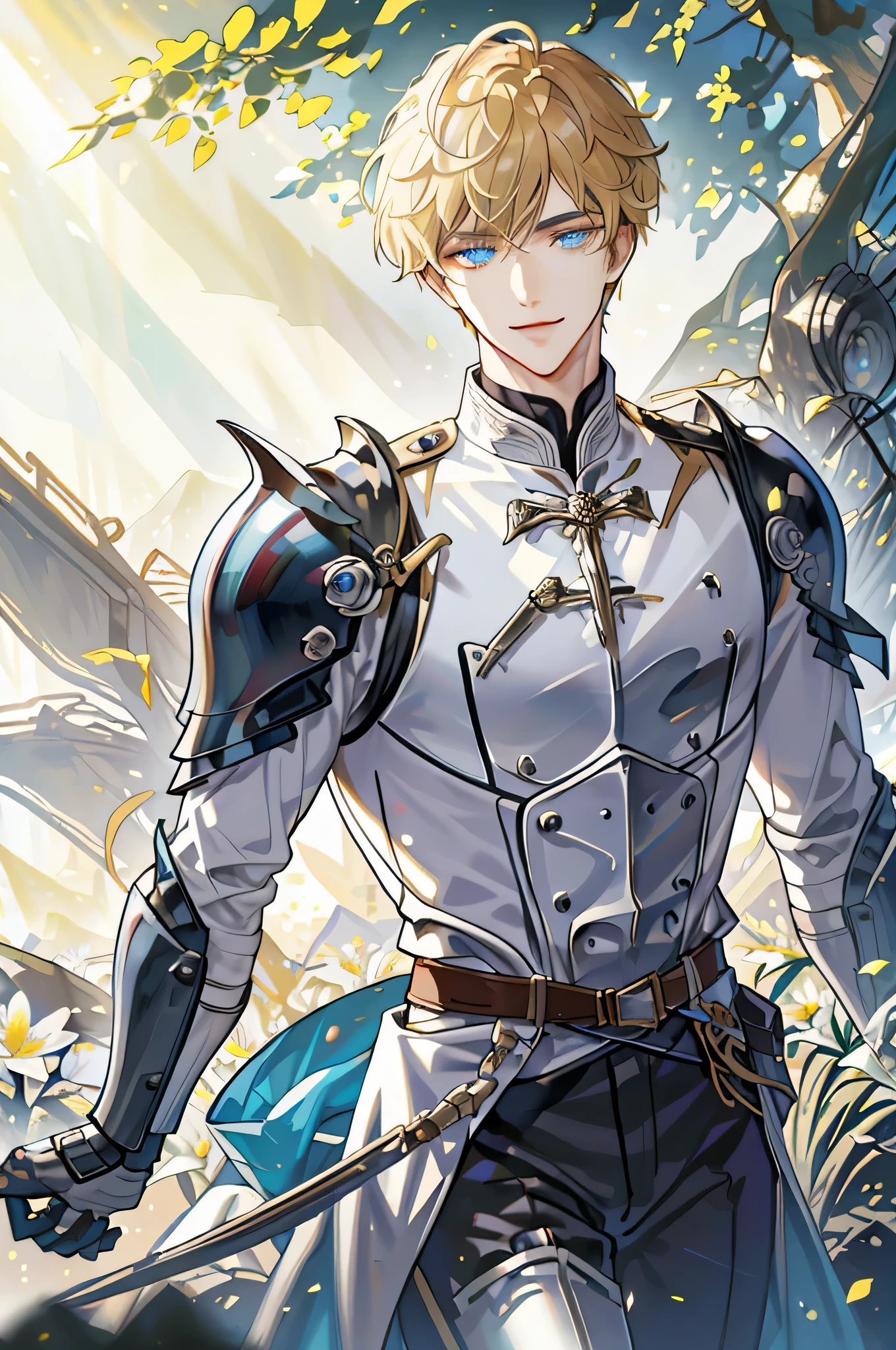 ((Masterpiece: 1.2, top quality)), ((2 men)), short blond hair, blue eyes (handsome: 1.4), white suit, uniform, royalty, tough black knight, short black hair, golden eyes, scar on right eye, black armor, fantasy, forest, blooming flowers, sunlight, fantastic light and shadow, landscape, highly detailed face, portrait, smile