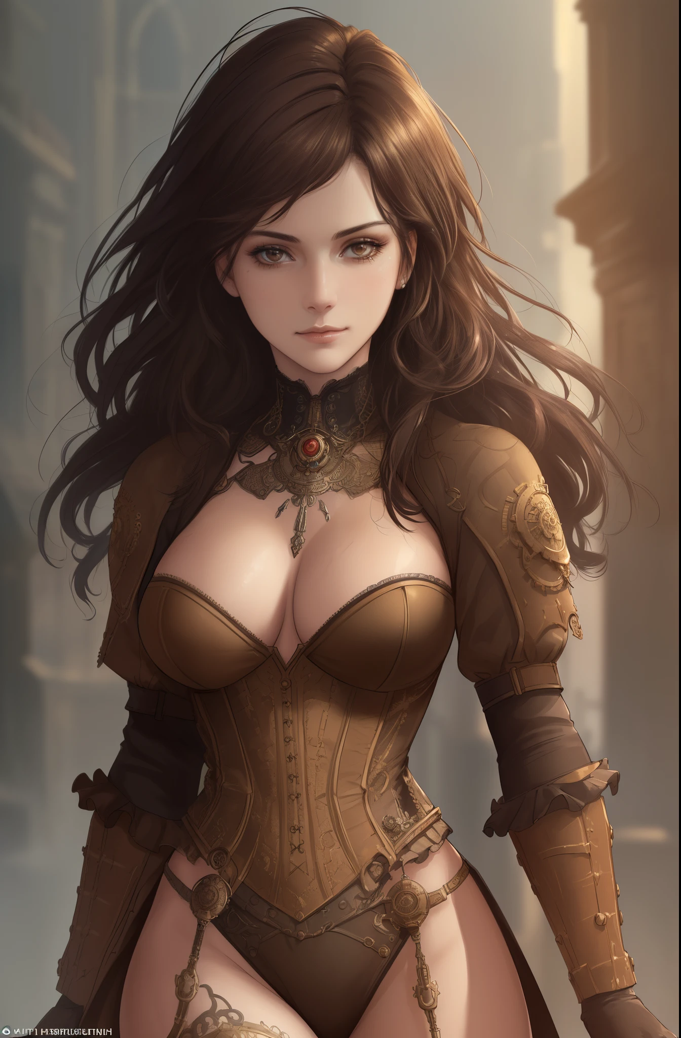 ((Quality: masterpiece, best quality, UHD, anatomically correct, photo realism, textured and detailed skin, skin pores, skin imperfections, textured and detailed hair, volumetric lighting)),steampunk-inspired woman, complete with intricate gears and Victorian-style clothing.