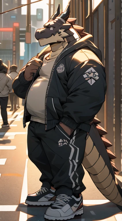 Herbivoredragon, solo,anthropomorphic, full body, chubby, body,black furr,stylish Hoodie suite, wearing sport shoes,Tokyo cyber city, afternoon , furry artistic, commission for hyper res, pixiv artwork