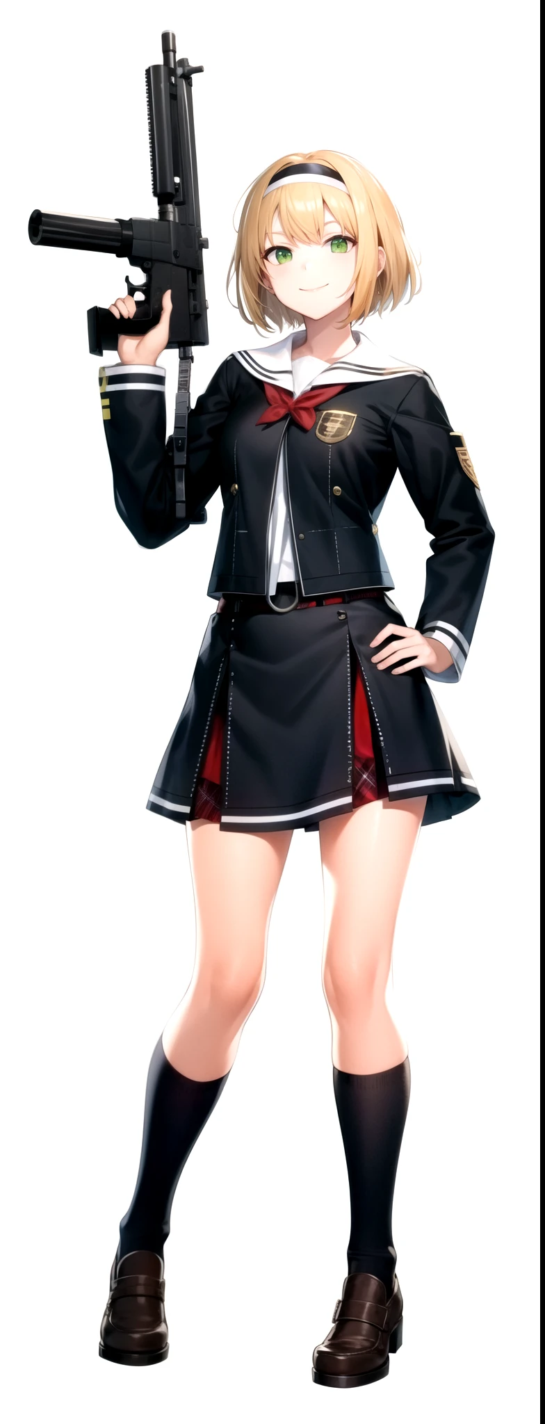 holding machine gun, school uniform, blonde hair, short hair, hairband, green eyes, smile, closed mouth
