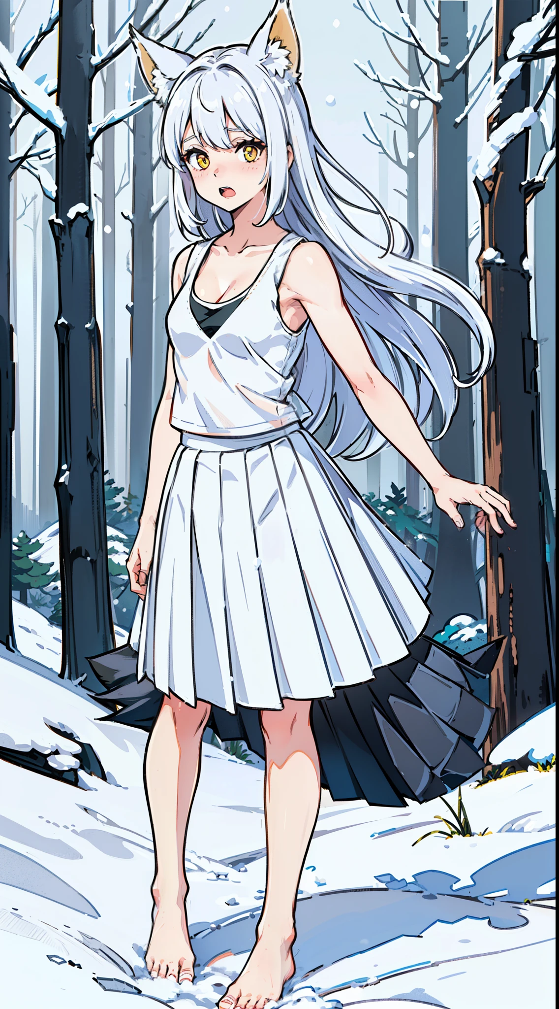1girl,solo,medium breasts,mature female,((white sleeveless and shoulderless t-shirt,cleavage)),(((white pleated skirt,bare feets))),silver hair,long hair,yellow eyes,fox ears,((snow,in forest)),looking to the viewer,standing,from front,full blush, scared,(constricted pupils, small pupils),open mouth