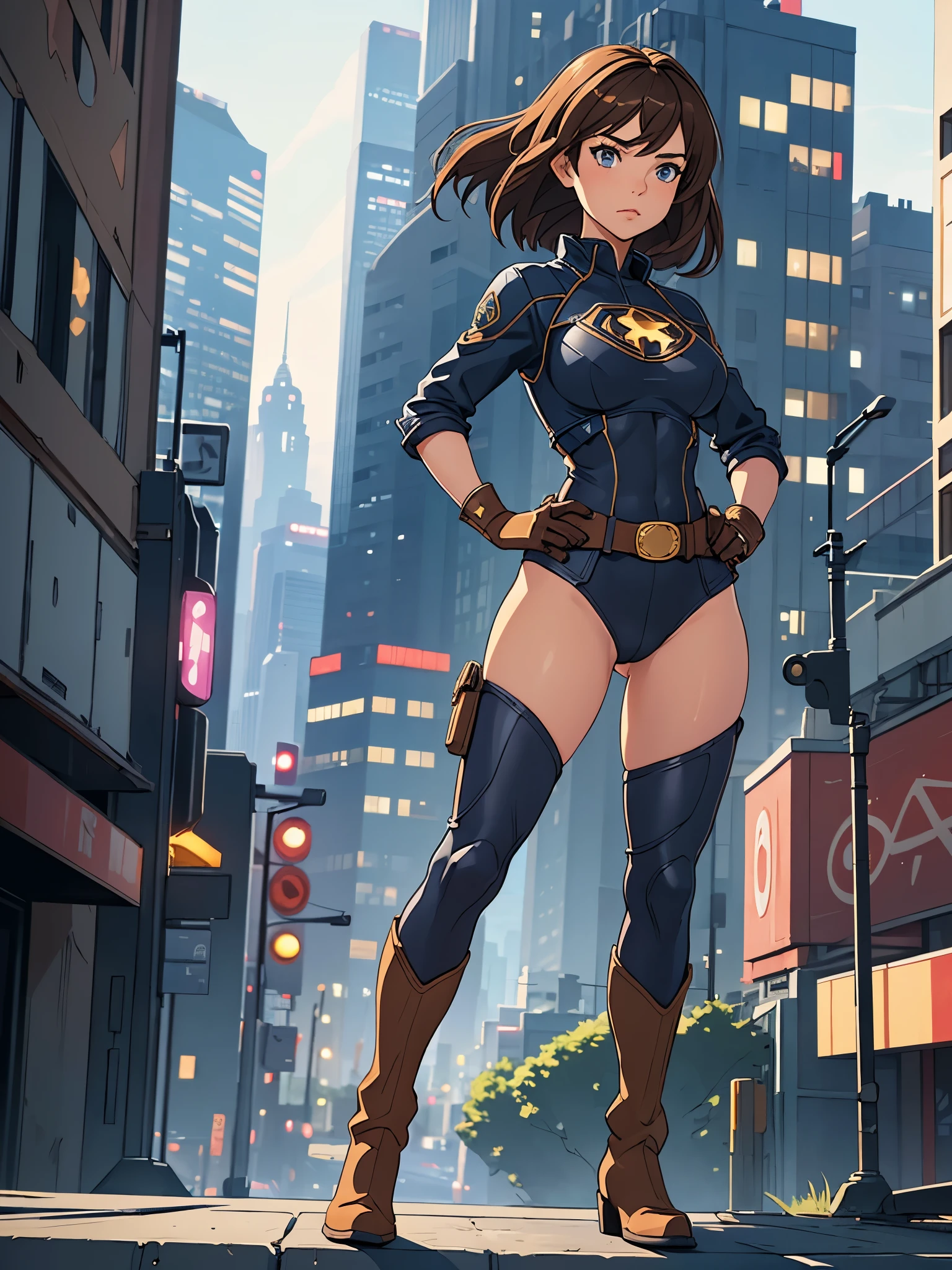 1girl, medium breasts, leotard, bare legs, tight belt, boots, matching boots, gloves, city backdrop, solo, single, hands on hip, standing, full body shot, cowboy shot, superhero, beautiful detailed eyes, mature lady, star symbol on chest, brown hair