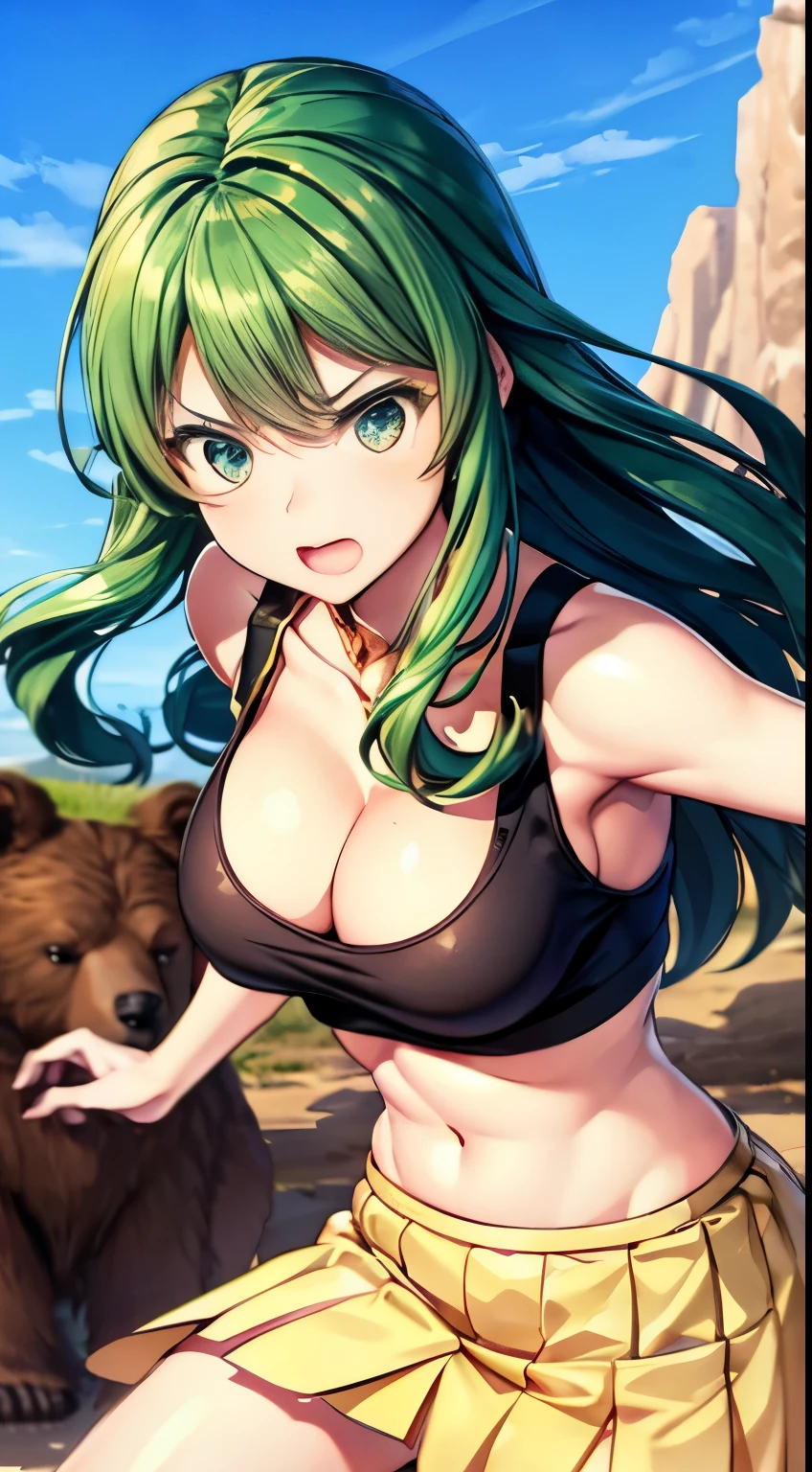 A brave high school girl fights a ferocious brown bear. A high school girl attacks a brown bear. Beautiful appearance like Korean idol. Healthy body shape. Beautiful green hair. Serious eyes. 3D illustration of a high school girl's face with details. Live-action-like depiction. A scene with a sense of speed. Dust and sand. Vertical images.nsfw