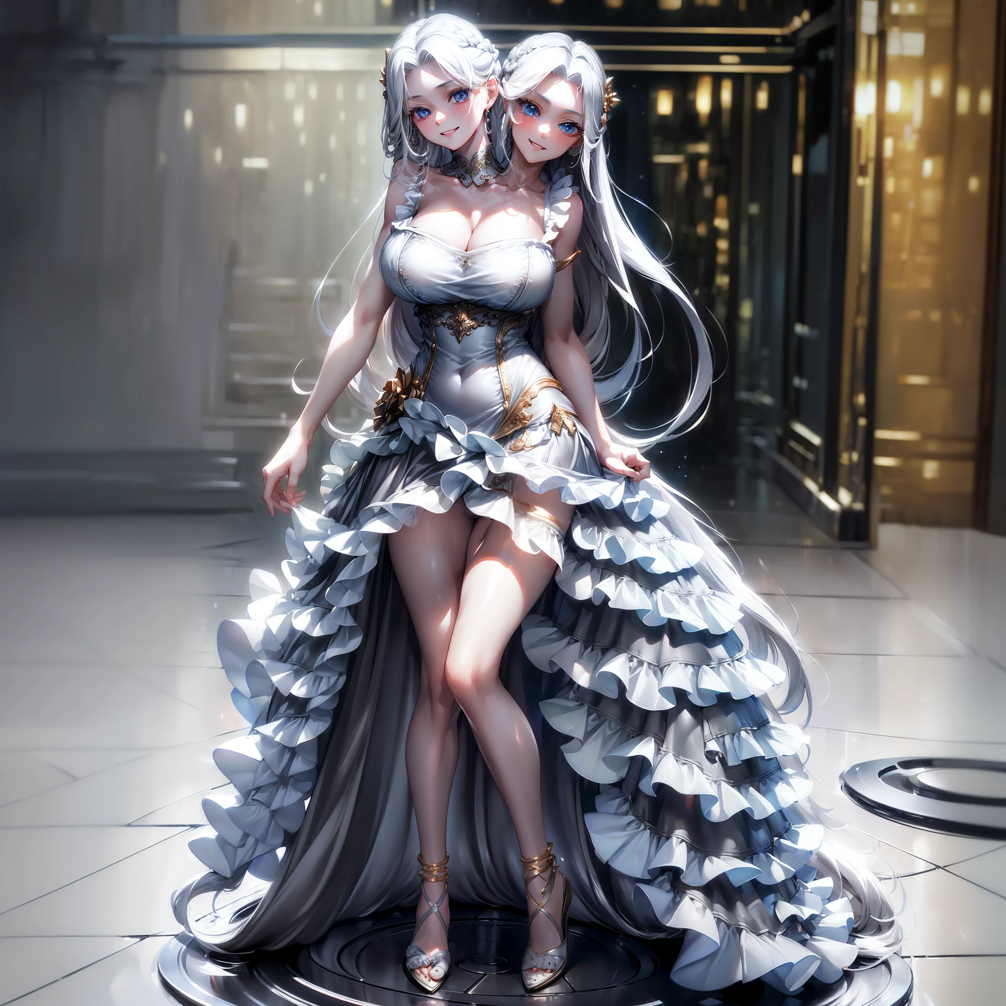 best quality, (masterpiece),(ultra-detailed), (high quality), (high resolution), (2heads:1.5) white long hair, black long hair, medium breasts, cleavage, grey skirt , full body,best quality:1.5, highres, UHD, 4K), smiling, ((grey sleeveless dress)), ((full body)), detailed blue eyes, (mature woman), casual dress