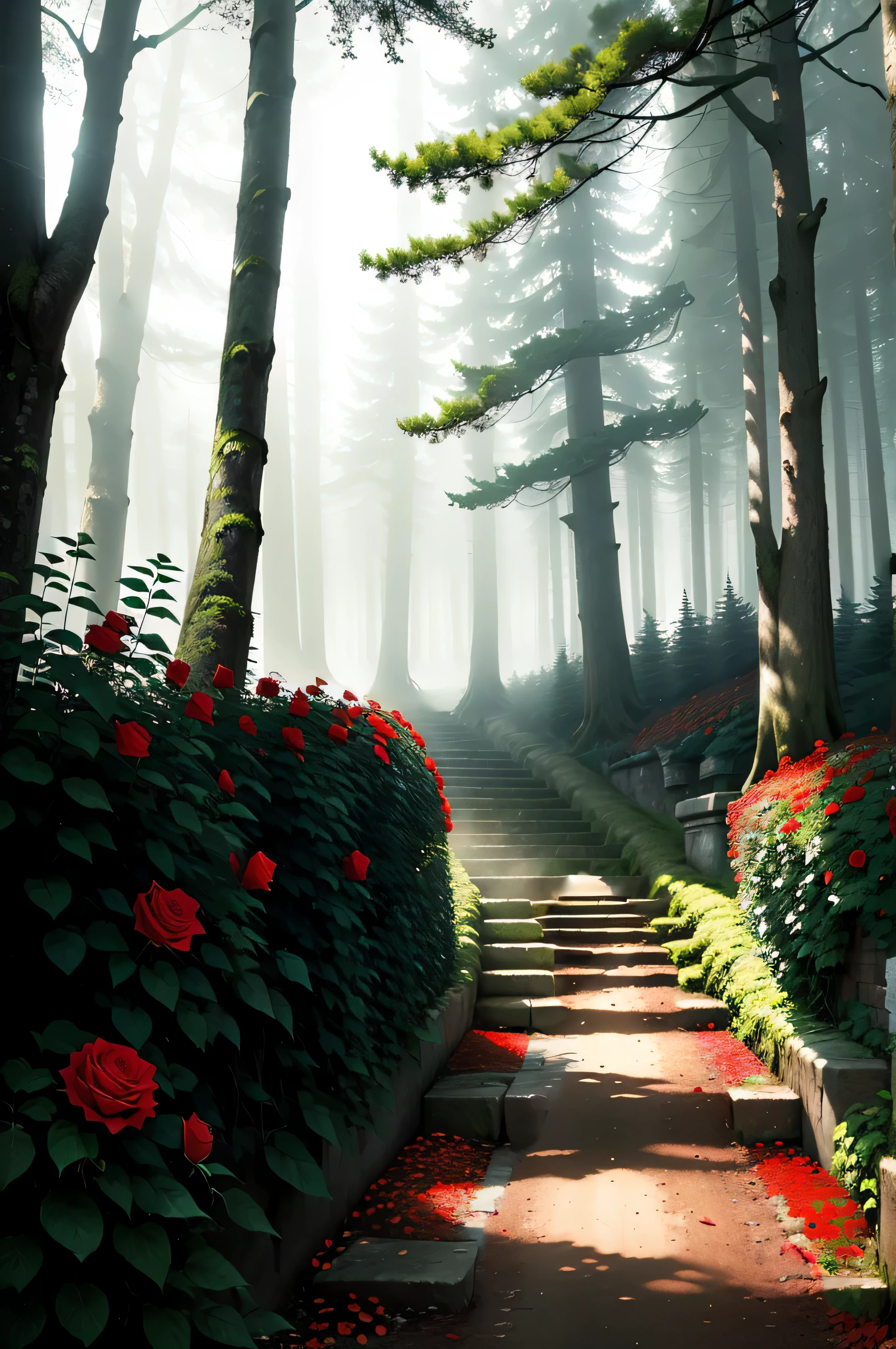 Overgrown rosebushes of red flowers.