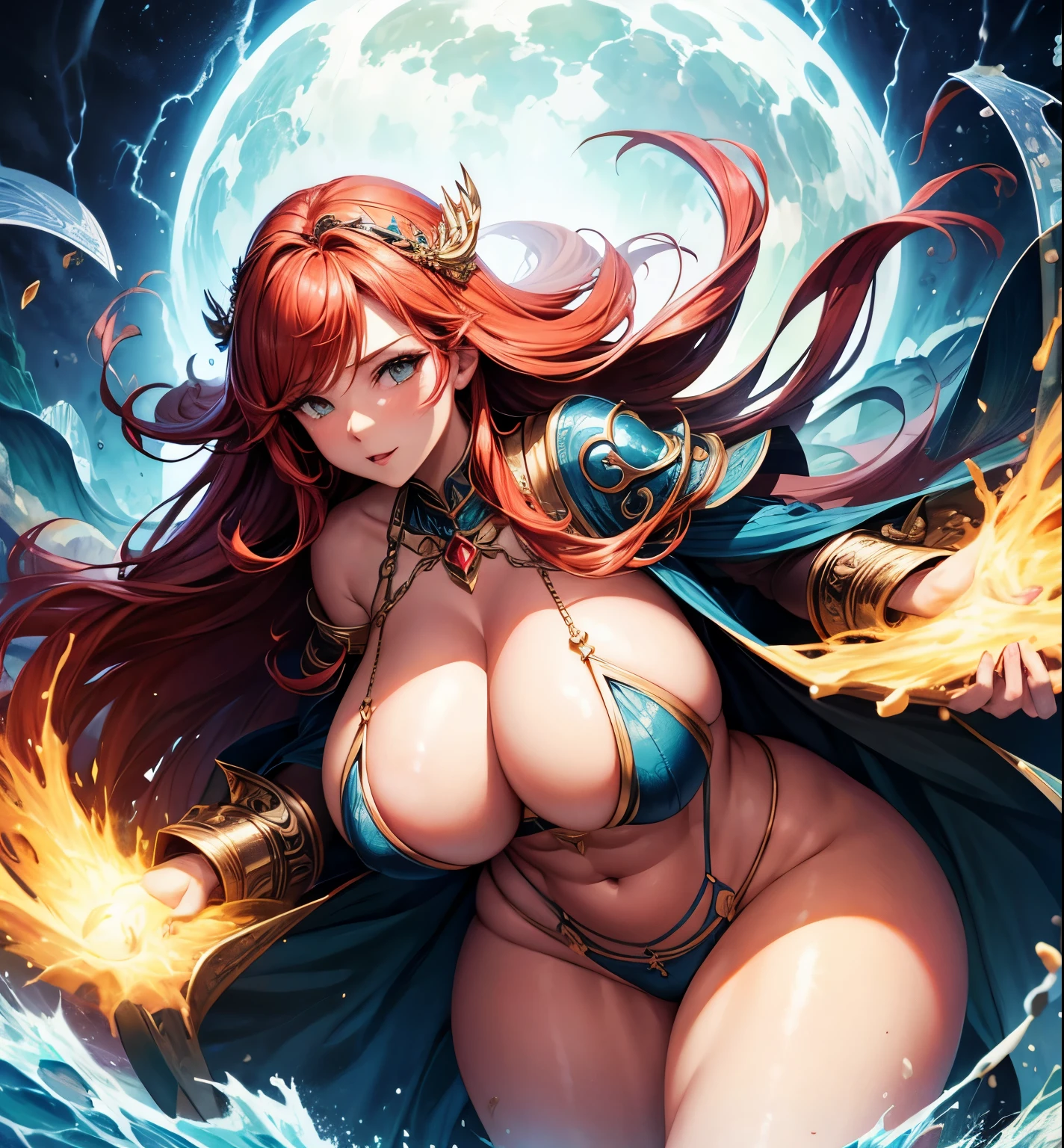 Goddess Of Storms, wide hips, thick thighs, bursting breasts, areola, redhead