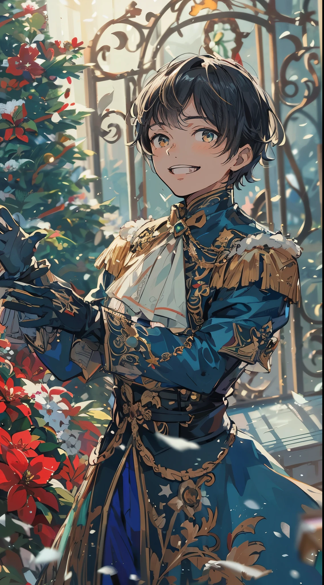 A handsome young man with short black hair, wearing a luxurious costume adorned in blue and gold, smiling with both hands raised in a pose. The background features a fence decorated for Christmas, a glistening tree, and assorted gift boxes, creating a festive atmosphere with a flowerbed embellished with red flowers.high quality, amount of drawing, pixiv illustration