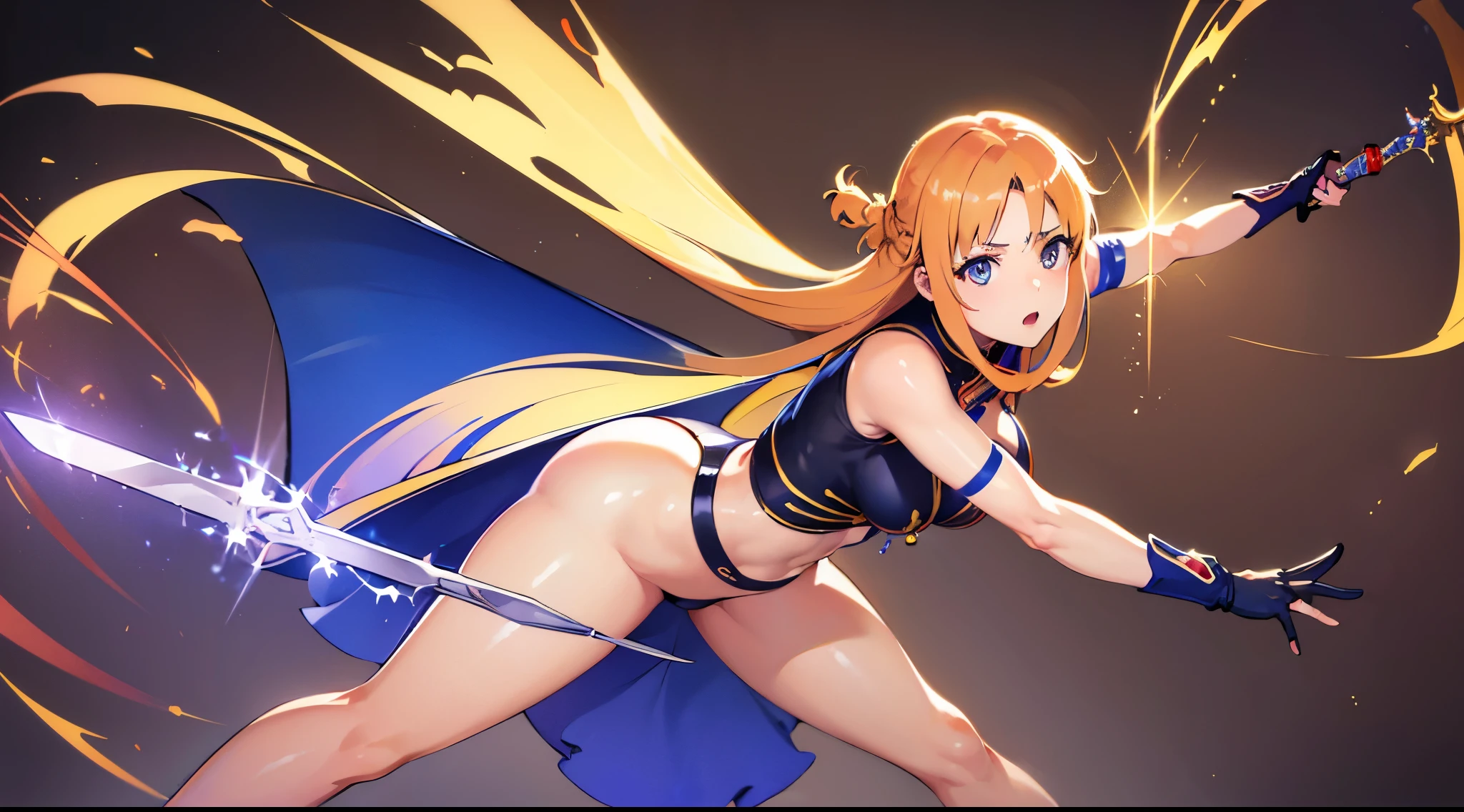 (best quality,4k,highres,masterpiece:1.2),ultra-detailed,photorealistic,HDR,studio lighting,physically-based rendering,professional,vivid colors,bokeh,Asuna,anime,sword art online,(sexy pose),(teary eyes),average-sized breasts,long flowing hair,sword in hand,sword swing,wearing a bikini armor,arena background