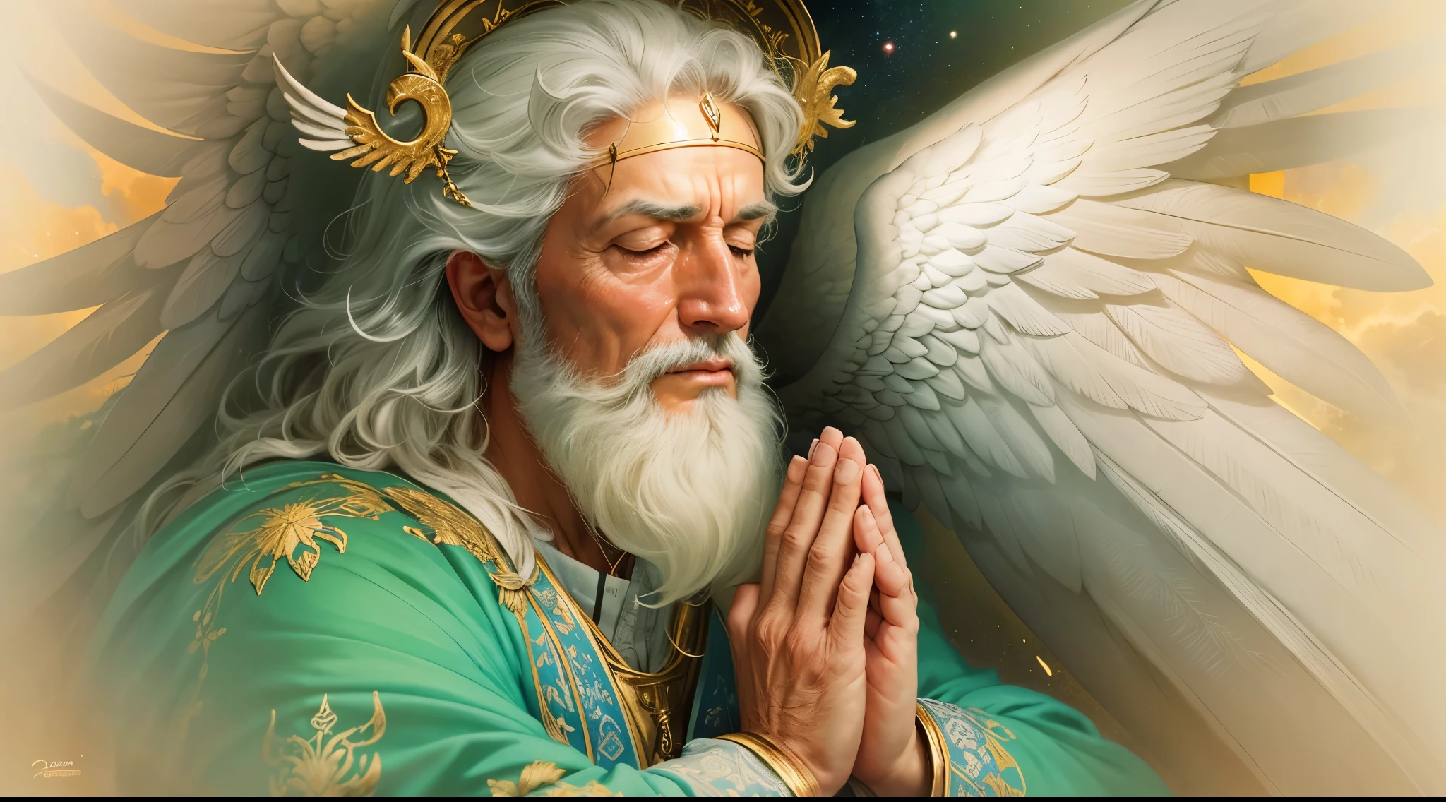 Closeup of an image of a man angel praying and blessing, arcanjo homem com asas grandes, o anjo da fortuna, perfeito, Reslistic, Biblical setting, celestial scenery, sol e nuvens ultras realistas, flores e velas, illuminated archangel of heaven, Passes em segundo plano, flores coloridas, velas acesas, roupas brancas e vermelhas