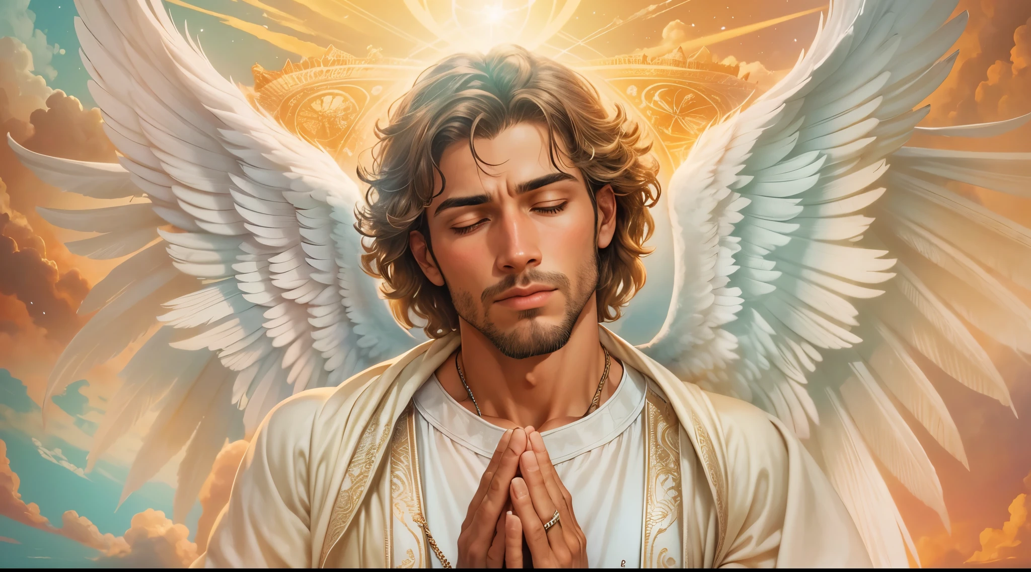 Closeup of an image of a man angel praying and blessing, arcanjo homem com asas grandes, o anjo da fortuna, perfeito, Reslistic, Biblical setting, celestial scenery, sol e nuvens ultras realistas, flores e velas, illuminated archangel of heaven, Passes em segundo plano, flores coloridas, velas acesas, roupas brancas e vermelhas