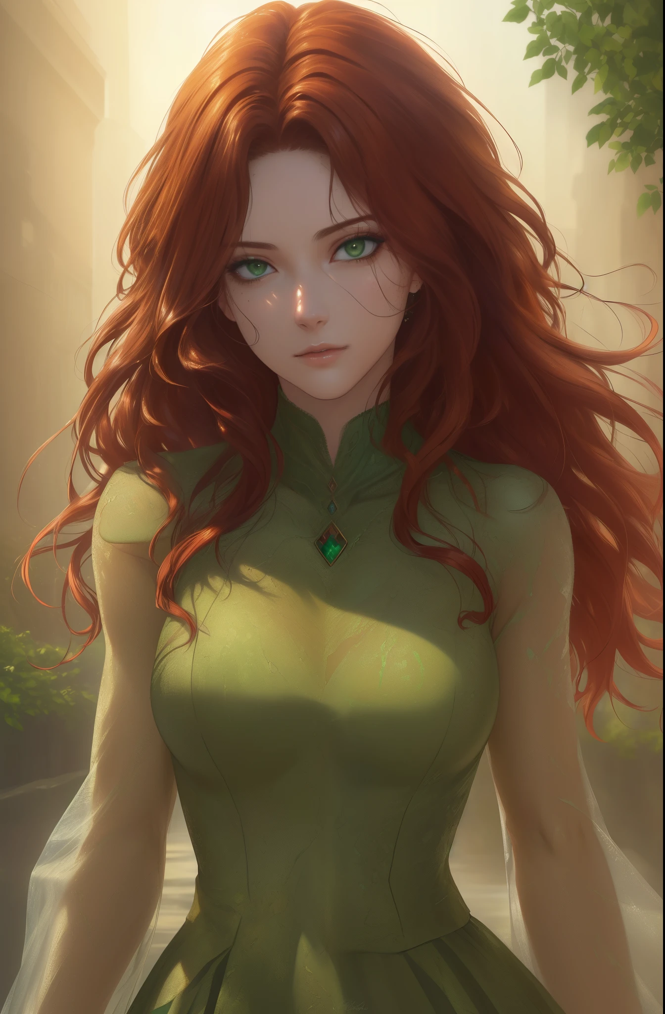 ((Quality: masterpiece, best quality, UHD, anatomically correct, photo realism, textured and detailed skin, skin pores, skin imperfections, textured and detailed hair, volumetric lighting)), inspired by nature, depicting a woman with emerald green eyes, flowing auburn hair, and a connection to the elements.