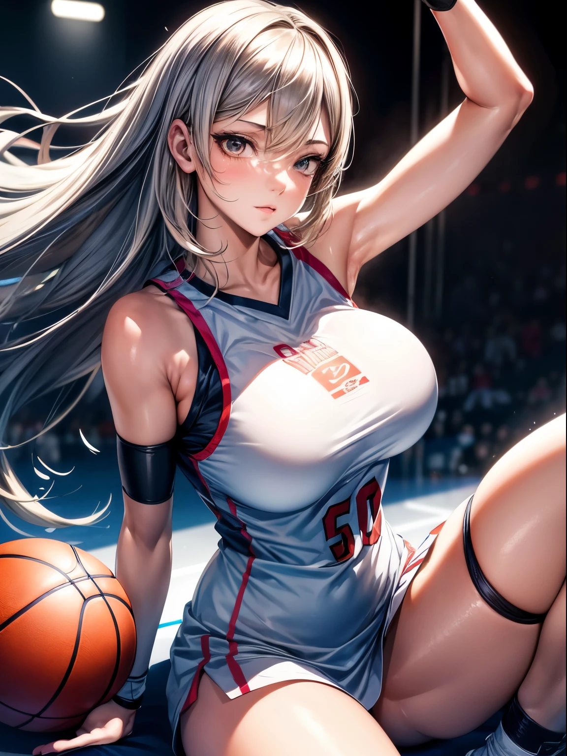 (Best Quality, masutepiece),ultra detailed photographic,1girl in, Female basketball players ,Large breasts,nice legs,At the basketball venue,Detailed beautiful face,Beautiful eyes,detailed hairs,detailed  clothes,Detailed realistic skin,Cool,Dynamic Angle,