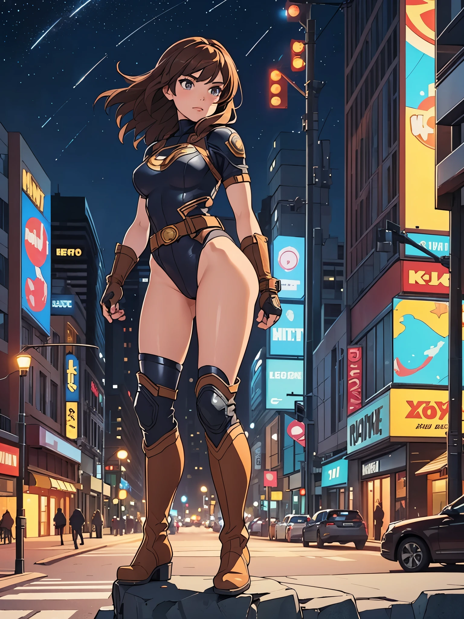 1girl, medium breasts, leotard, bare legs, tight belt, boots, matching boots, gloves, city backdrop, solo, single, hands on hip, standing, full body shot, cowboy shot, superhero, beautiful detailed eyes, mature lady, star symbol on chest, brown hair