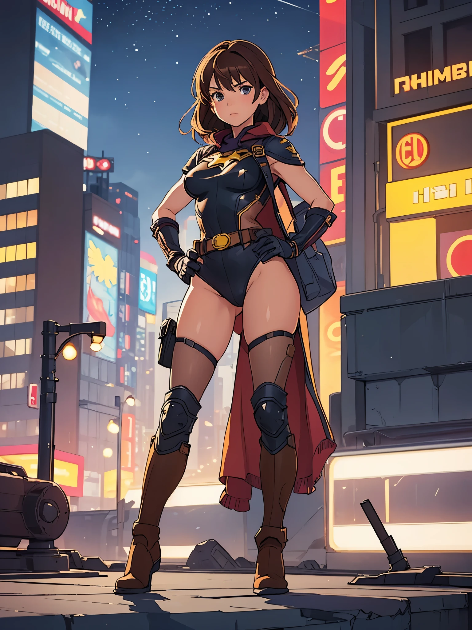 1girl, medium breasts, leotard, bare legs, tight belt, boots, matching boots, gloves, city backdrop, solo, single, hands on hip, standing, full body shot, cowboy shot, superhero, beautiful detailed eyes, mature lady, star symbol on chest, black hair