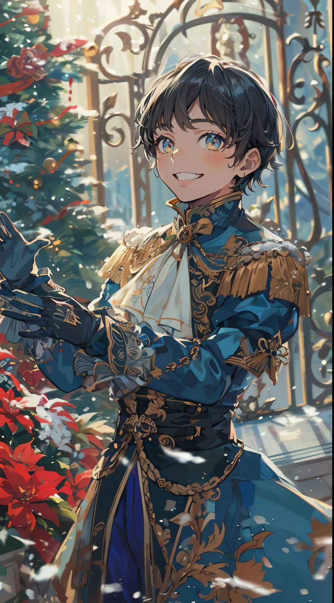 A handsome young man with short black hair, wearing a luxurious costume adorned in blue and gold, smiling with both hands raised in a pose. The background features a fence decorated for Christmas, a glistening tree, and assorted gift boxes, creating a festive atmosphere with a flowerbed embellished with red flowers.high quality, amount of drawing, pixiv illustration