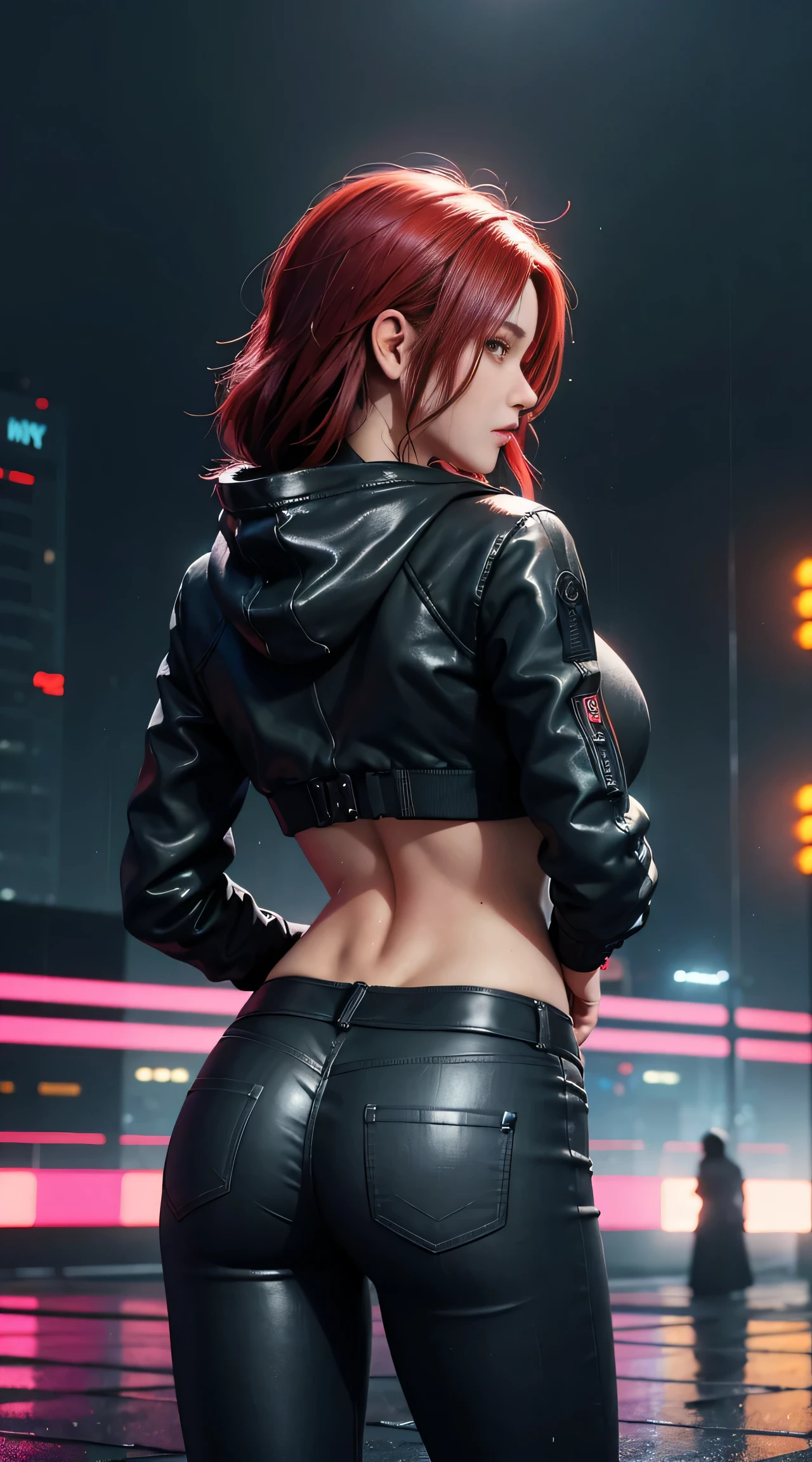 sfw, best quality, masterpiece, cinematic, realistic, cyberpunk, cyberpunk city, neon, volumetric lighting, black sky, (raining, thunderstorm), 1girl, (cyberpunk clothing, hoodie, pants, punk clothelowing red hair), water reflecting off ground, from behind, ((hidden face)),, wearing bra,((skinny waist)), young asian girl, ((big boobs)),