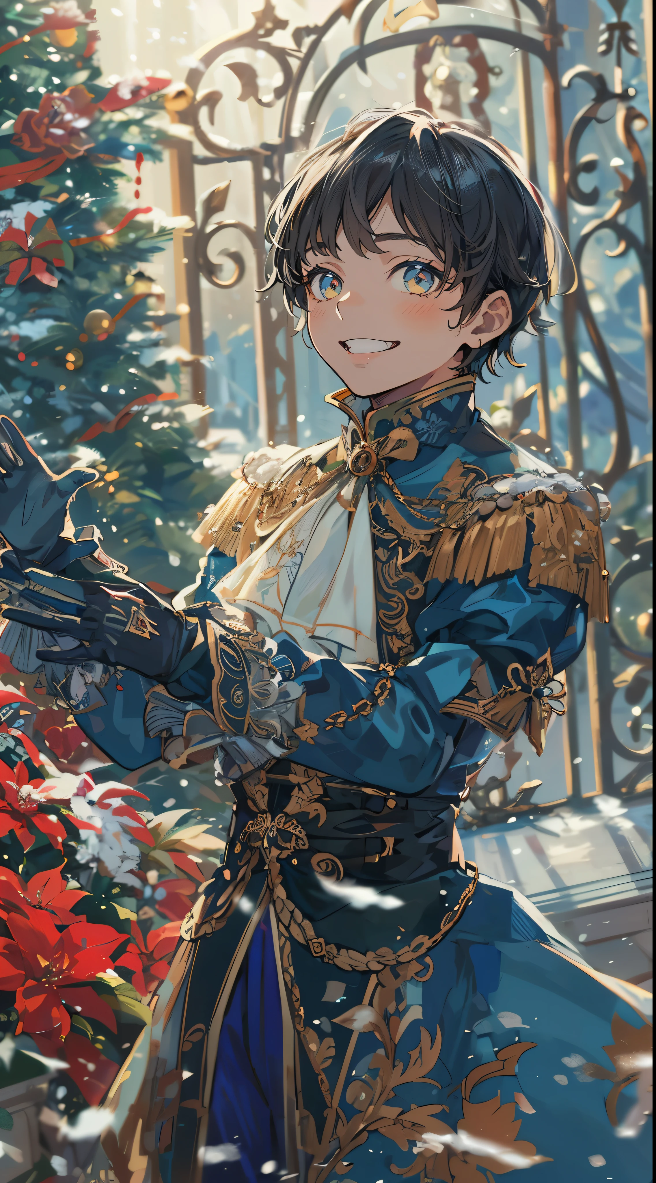 Handsome young man with short black hair, She wears a luxurious costume decorated with blue and gold., Raising both hands and smiling pose. In the background is a fence decorated with Christmas decorations., Luminous Tree, Various gift boxes and, Create a festive atmosphere with flower beds decorated with red flowers.High quality, amount of drawing, pixiv illustration