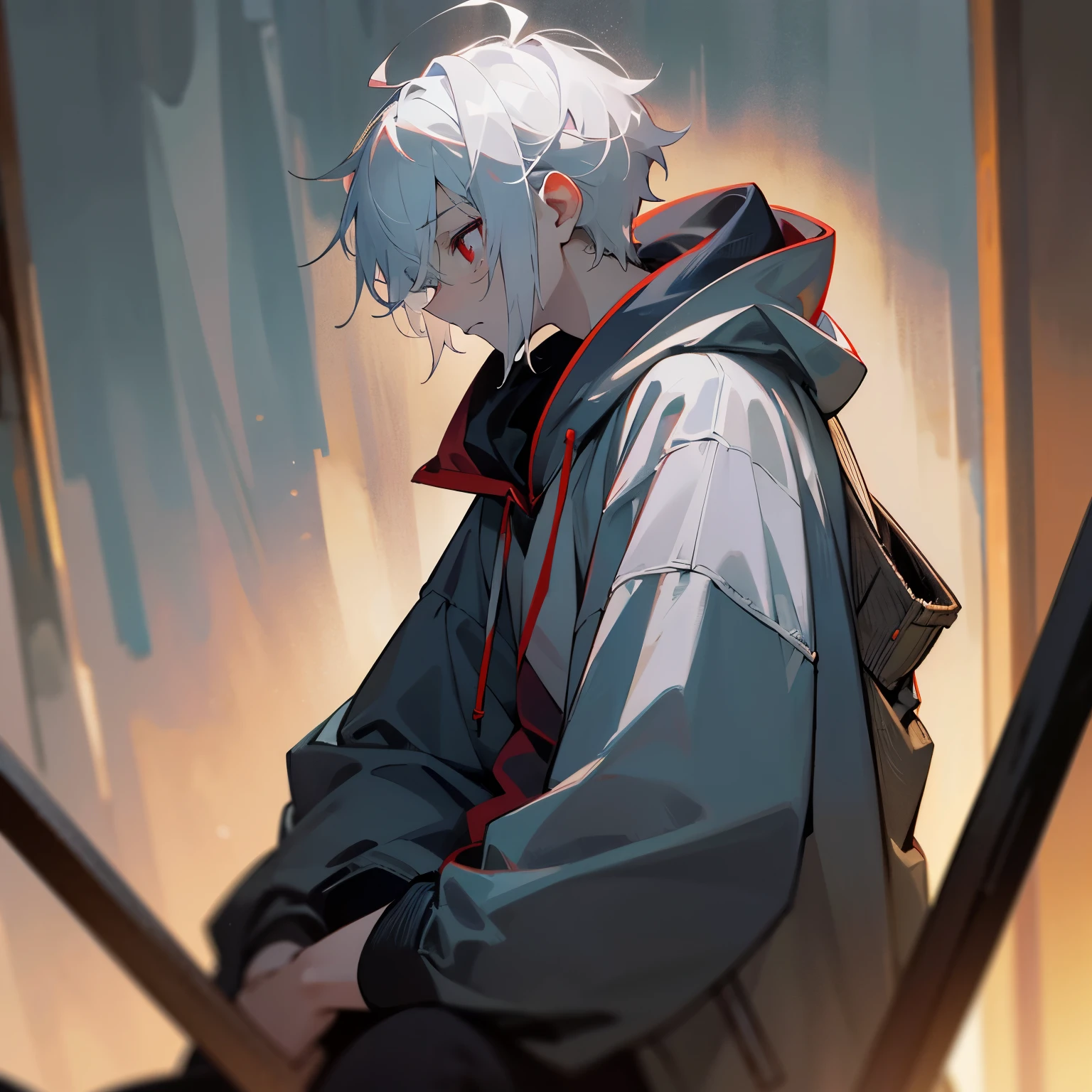 1boy, white hair, red eyes, dead eyes, wearing hoodie, pants, sad, depressed, bags under eyes, side view, upper body only, curled up, masterpiece, nighttime, dimly lit room, highly detailed, ultrasharp, 8k