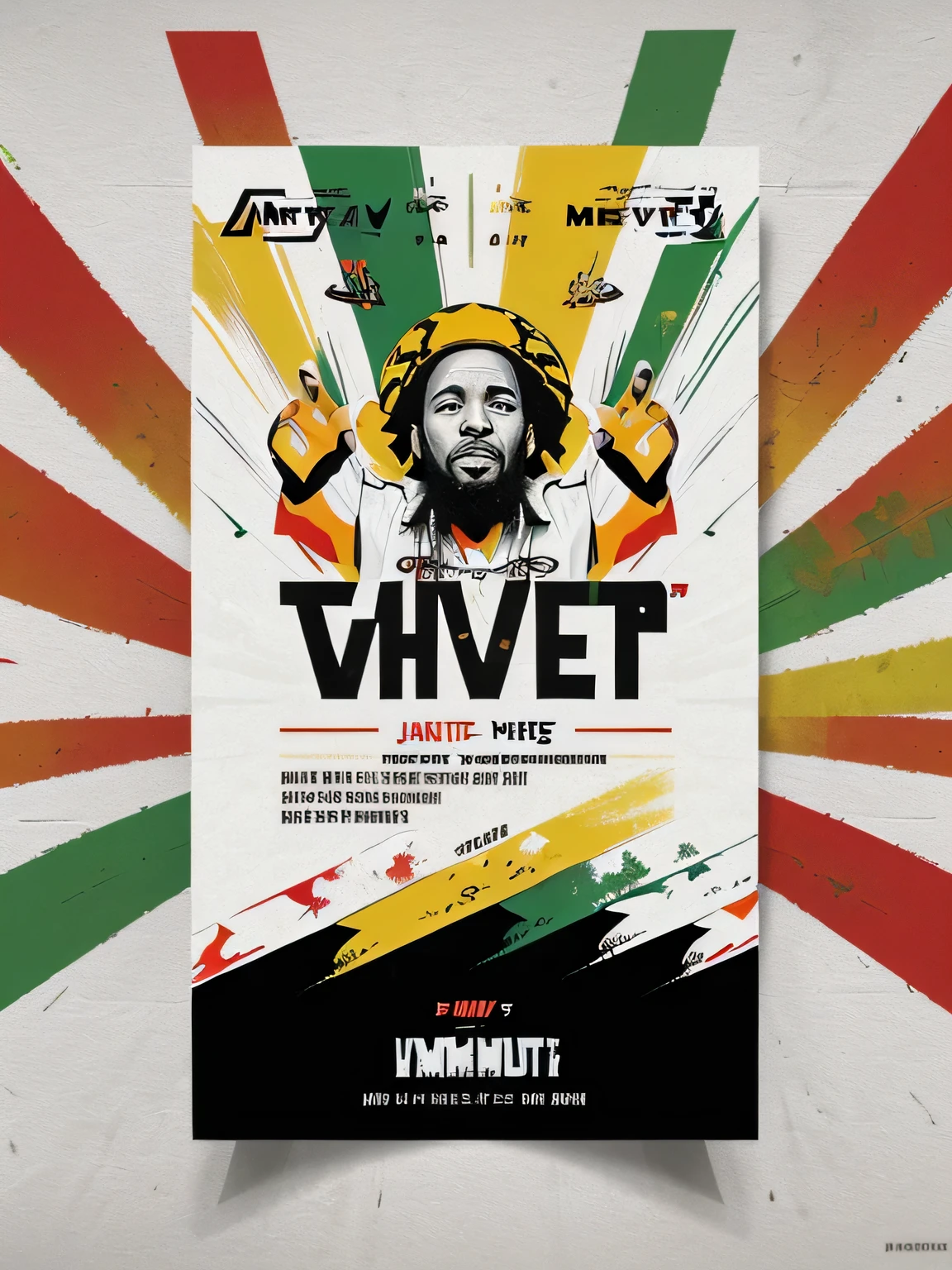 ((fundo branco panfleto resumo)), (reggae flyer illustration), cores vibrantes, realista, detalhes nas cores do reggae, vermelho, amarelo, verde, portanto