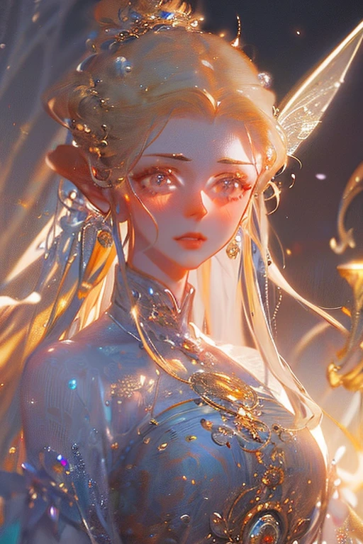 Semi-realistic anime photos, High quality, Fairies falling from the sky, Translucent with multicolored glitter, White Dress, Symmetrical face, the golden hour, Soft, Focused, Highly detailed, hyper realisitic, Dramatic Lighting, Elegant, Convoluted, Concept art, art by wlop, Mars Rabelo, Greg Rutowski, art  stations