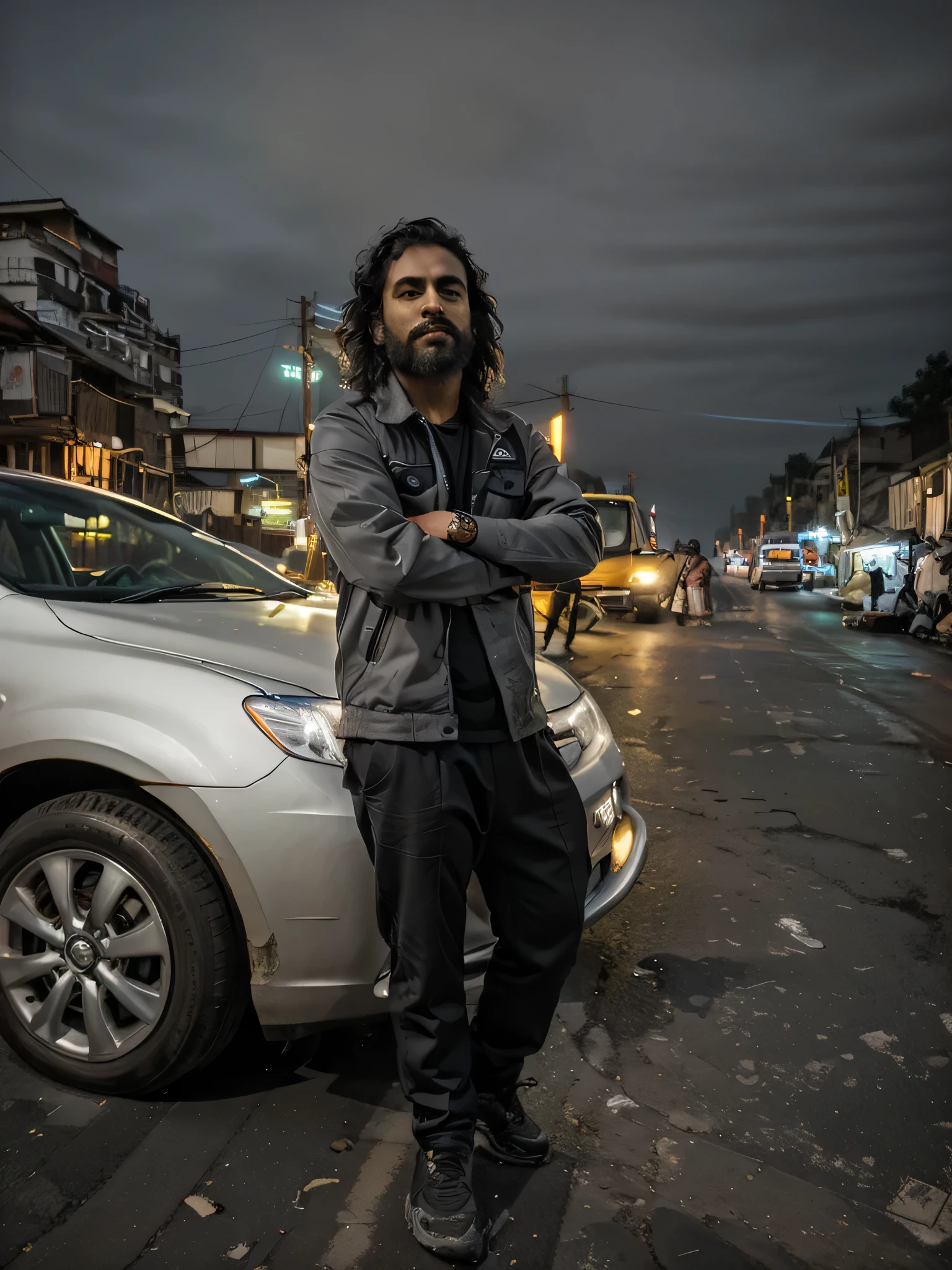 cyberpunk, sci-fi, night citylights, there is a man standing next to a car on the side of the road, inspired by Bikash Bhattacharjee, Bearded Indian face, standing in road, standing in township street, standing in a township street, standing in street, very artistic pose, at a city street, full body photogenic shot, stylish pose, on a street, street pic, JACKET COLOR GREY
