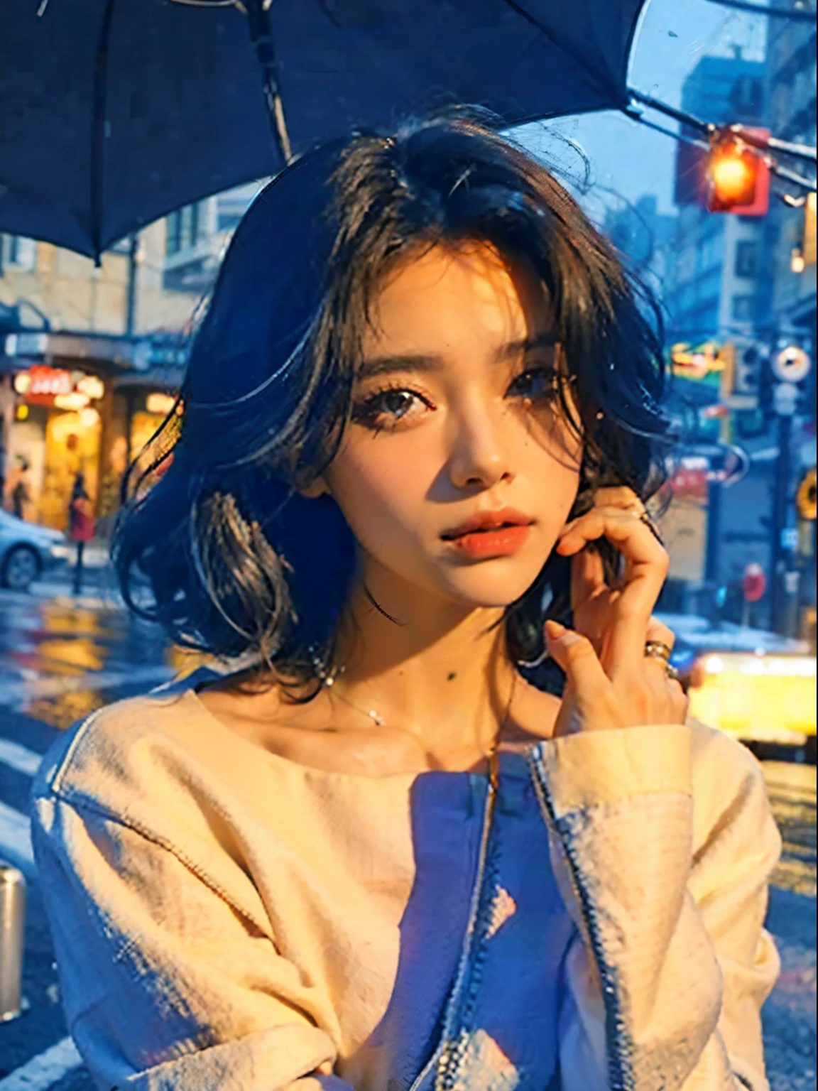 randome pose, mix4,(8K, Raw photo, Best Quality, masutepiece:1.2), (Realistic, Photorealsitic:1.37),1girll,Cute,Cityscape, Night, Rain, Wet, Professional Lighting, photon maping, Radio City, Physically-based rendering,, Gradient Black Color Hair,, White hair, Short curly hair, Handsome, girl, White Ball Suit, top quality picture, High resolution, 1080p, (Clear face), (Detailed face description), (Detailed hand description), (masutepiece), (Exquisite CG), extreme light and shadows, hair messy, The work of the master, Rich details, (Fine facial features), (top quality picture), (masutepiece), (Detailed eyes),Look ahead with your eyes,fine clavicle