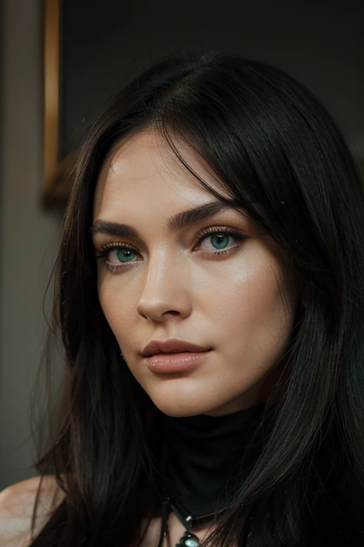 a woman with long black hair and green eyes wearing jewellery with huge diamonds, with green eyes, with stunning green eyes, keine Falten, Modelgesicht wie Megan Fox, big lips, Ultrarealistische digitale Malerei, Hyperrealistische digitale Malerei, Ultrarealistische digitale Kunst, Hyperrealistische digitale Malerei, Ultrarealistische digitale Kunst, with deep green eyes, Ultrarealistische digitale Kunst, with green eyes, Genau, ultrarealistische Gesichter, Realistische digitale Malerei, mit schwarzbraunen Haaren, definierte Gesichtsturktur, texturierte Haut, spitzes Kinn, hohe Wangenknochen, feine Nase, full body