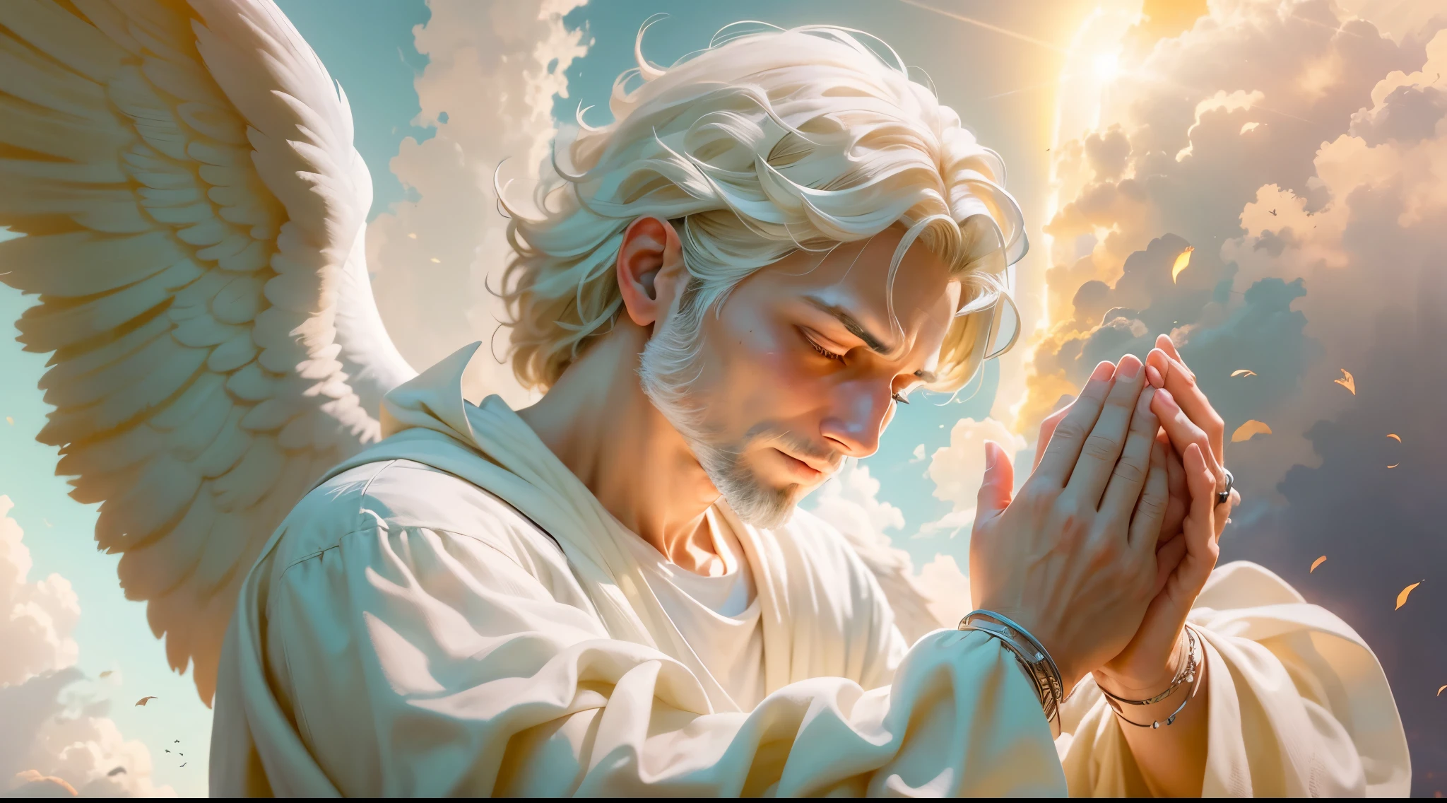 Closeup of an image of a man angel praying and blessing, arcanjo homem com asas grandes, o anjo da fortuna, perfeito, Reslistic, Biblical setting, celestial scenery, sol e nuvens ultras realistas, flores e velas, illuminated archangel of heaven, Passes em segundo plano, flores coloridas, velas acesas, roupas brancas e vermelhas