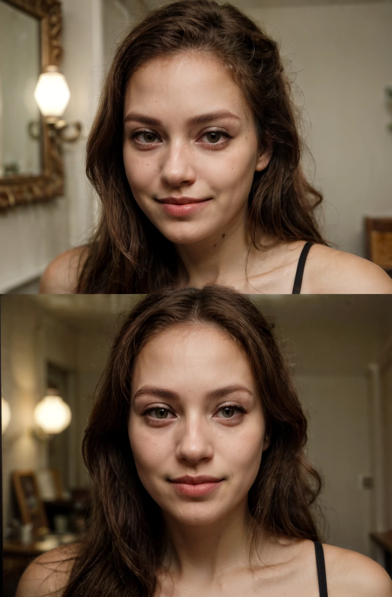 ((best quality)), ((masterpiece)), (detailed), perfect face. Create a brunette girl with bumps with normal big size eyes of hazel-green color. her lips are full she has a blossom mouth. she has dimples and she is smiling. she has a body. the body is with a big breast and tight hips. Her face is not perfectly symmetrical