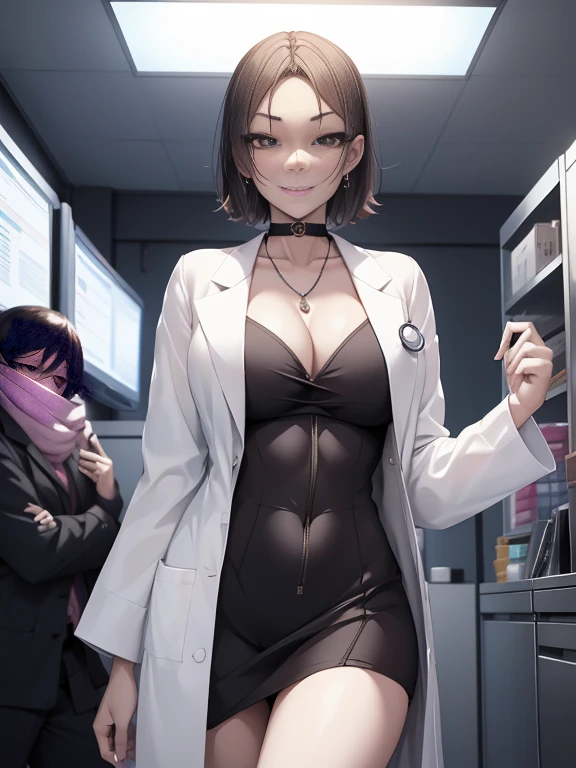 masutepiece, Hot Sho Quality)), absurderes, perfect anatomia, Te Takemor&#39;s smile), Necklace, Choker, dressig chest:1.3), Braless, defined abdomen, labcoat, Standing, Background of the Doctor's Office, Sexy Pose