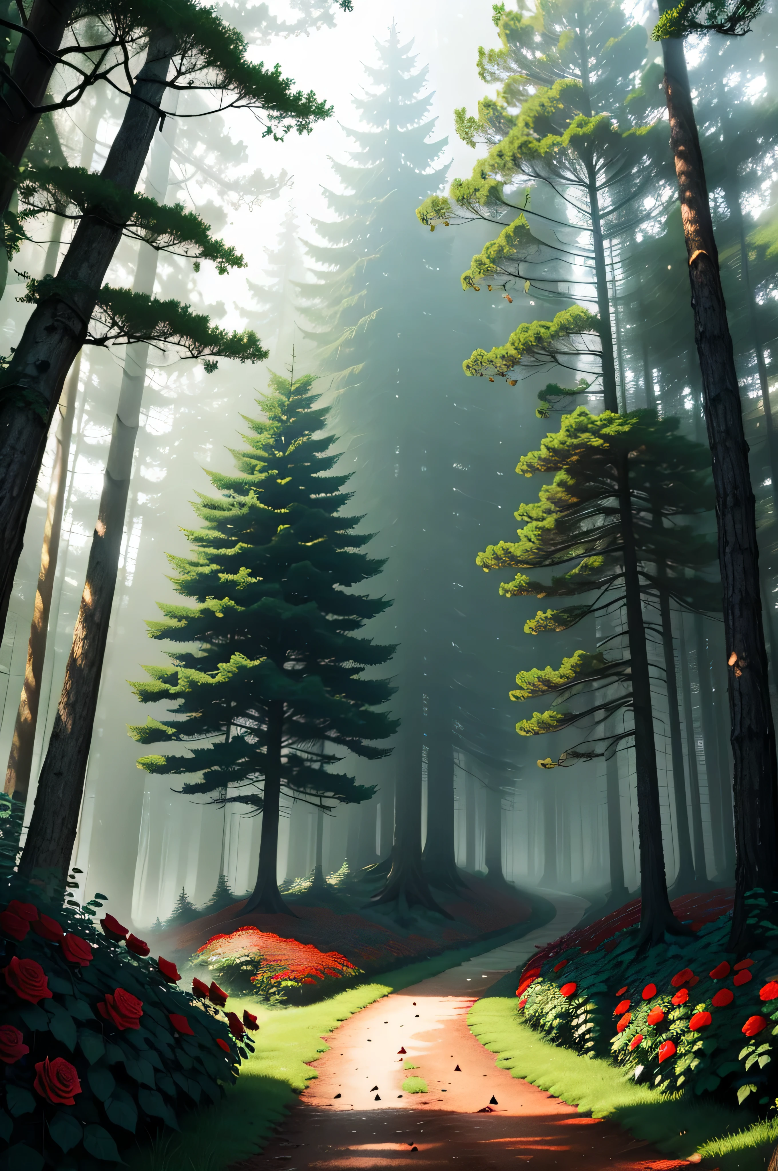 A narrow dirt path choked with overgrown rosebushes with red flowers, underneath a forest canopy of green fir trees in the late afternoon. No grass. Foggy mist. Horror-like setting.