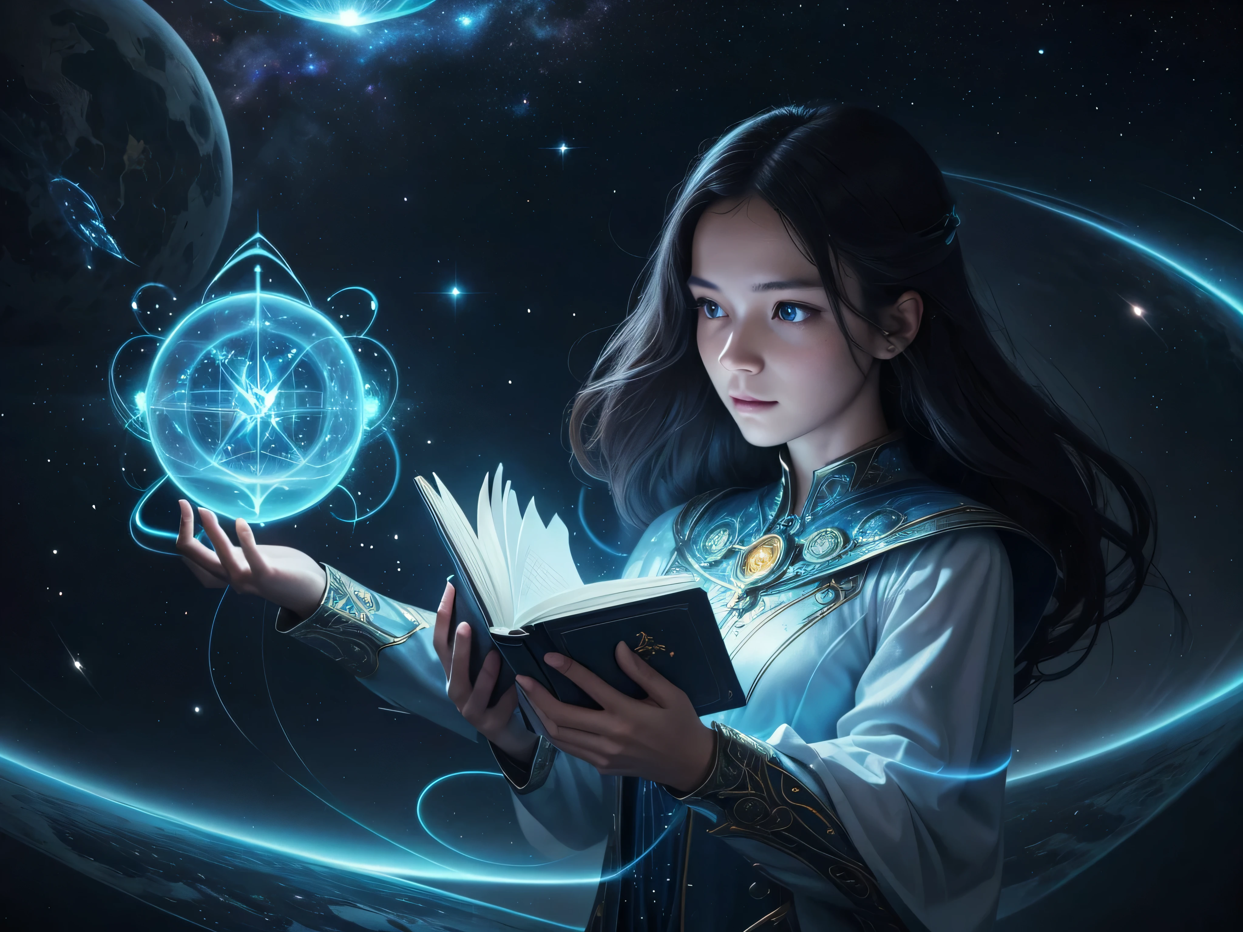 there is a book with a picture of a woman inside of it, with book of science, open magic book glowing, detailed glowing head, quality astral projection render, fantasy book illustration, magic book, the encrypted metaverse, depicted as a 3 d render, consciousness projection, infinite celestial library, book portrait, borne space library artwork, enlightenment, art render
