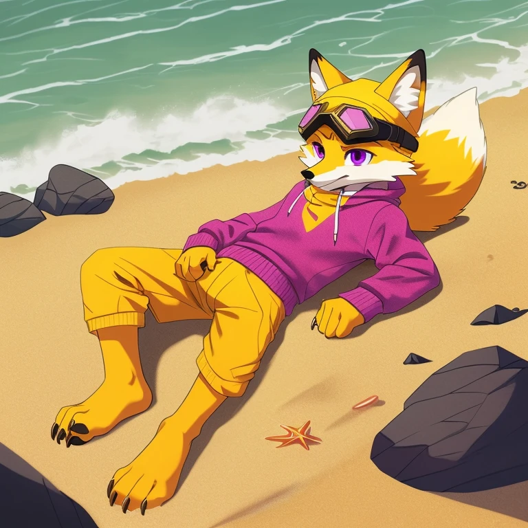 (A character), (fox with yellow fur and white chest), (under muzzle is white), (yellow fur), (white tail tip), (wearing a magenta sweater), (light blue scarf), (yellow jockey hat with orange visor), (orange visor), (magenta eyes), (slim and fit body), (apparently slim but strong appearance), (relaxed expression), (male), (medium height), (solitary), (white eyebrows), (4 toes on his paws), (5 toes on his hands), (magenta eyes), fluffy, (fluffy fur), (goggles), (black crystal goggles), (yellow paws), (background beach), (beach), (rocks in the sand), rocks, (his sweater covers his crotch), (yellow tail with white tips), (his paws and hands are yellow), (black paws), (claws), (golden fur), (golden yellow fur), (black pawpads), kerchief, (lying), (cloudy), (cloudy day), (cloudy day at the beach), (rain), (rain at the beach), (rain at the beach), (yellow cap), (yellow cap with orange visor), young, (white eyebrows), (thick eyebrows), (claws on their toes), (claws on their fingers), (short claws), short, (medium height), (lying down), downpour, solo