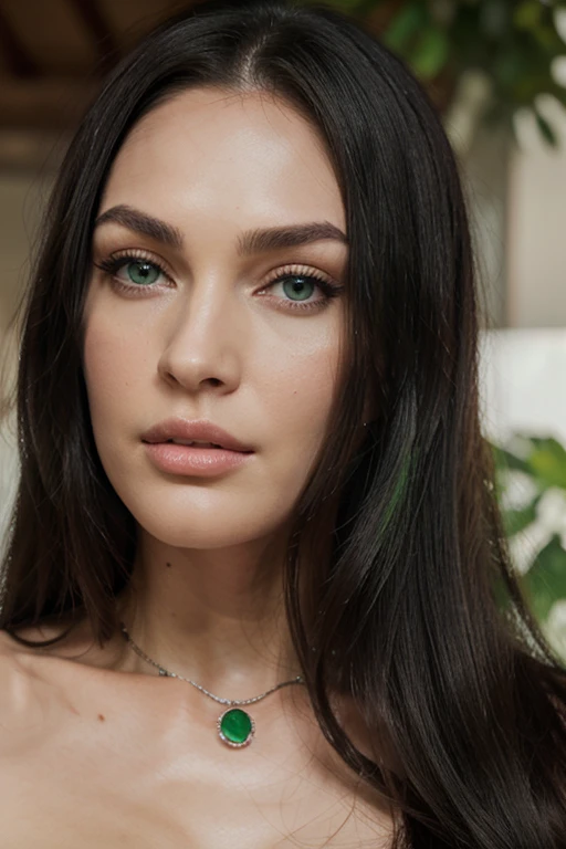 a woman with long black hair and green eyes wearing jewellery with huge diamonds, with green eyes, with stunning green eyes, keine Falten, Modelgesicht wie Megan Fox, big lips, Ultrarealistische digitale Malerei, Hyperrealistische digitale Malerei, Ultrarealistische digitale Kunst, Hyperrealistische digitale Malerei, Ultrarealistische digitale Kunst, with deep green eyes, Ultrarealistische digitale Kunst, with green eyes, Genau, ultrarealistische Gesichter, Realistische digitale Malerei, mit schwarzbraunen Haaren, definierte Gesichtsturktur, texturierte Haut, spitzes Kinn, hohe Wangenknochen, feine Nase, full body
