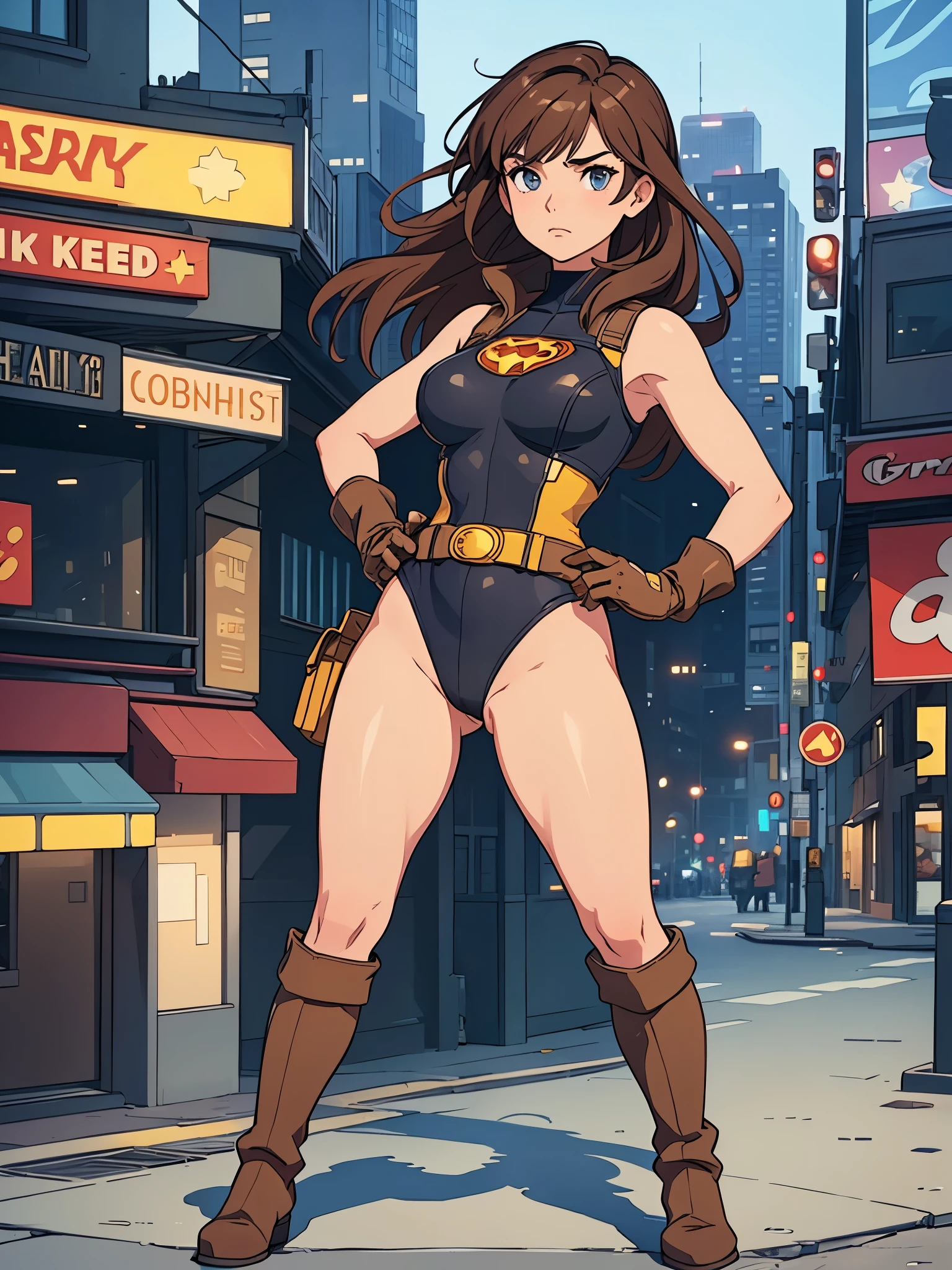 1girl, medium breasts, leotard, bare legs, tight belt, boots, matching boots, gloves, city backdrop, solo, single, hands on hip, standing, full body shot, cowboy shot, superhero, beautiful detailed eyes, mature lady, star symbol on chest, perfect anatomy, brown hair