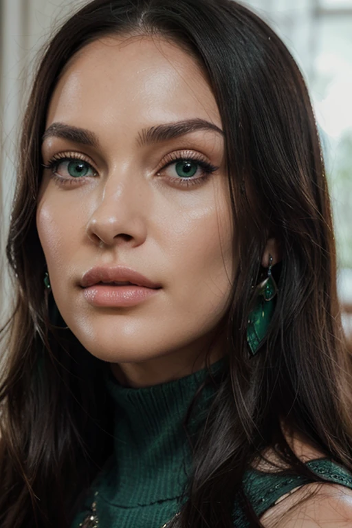a woman with long black hair and green eyes wearing jewellery with huge diamond earrings, with green eyes, with stunning green eyes, keine Falten, Modelgesicht wie Megan Fox, big lips, Ultrarealistische digitale Malerei, Hyperrealistische digitale Malerei, Ultrarealistische digitale Kunst, Hyperrealistische digitale Malerei, Ultrarealistische digitale Kunst, with deep green eyes, Ultrarealistische digitale Kunst, with green eyes, Genau, ultrarealistische Gesichter, Realistische digitale Malerei, mit schwarzbraunen Haaren, definierte Gesichtsturktur, texturierte Haut, spitzes Kinn, hohe Wangenknochen, feine Nase, full body