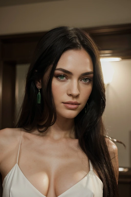 a woman with long black hair and green eyes wearing jewellery with huge diamond earrings, with green eyes, with stunning green eyes, keine Falten, Modelgesicht wie Megan Fox, big lips, Ultrarealistische digitale Malerei, Hyperrealistische digitale Malerei, Ultrarealistische digitale Kunst, Hyperrealistische digitale Malerei, Ultrarealistische digitale Kunst, with deep green eyes, Ultrarealistische digitale Kunst, with green eyes, Genau, ultrarealistische Gesichter, Realistische digitale Malerei, mit schwarzbraunen Haaren, definierte Gesichtsturktur, texturierte Haut, spitzes Kinn, hohe Wangenknochen, feine Nase, full body