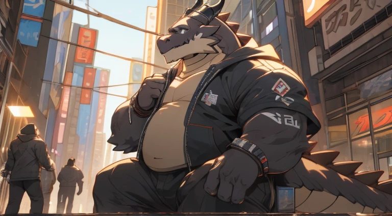 Herbivoredragon, solo,anthropomorphic, full body, chubby body, body,black furr,stylish Hoodie suite, wearing sport shoes,Tokyo cyberpunk city, afternoon , furry artistic, commission for hyper res, pixiv artwork