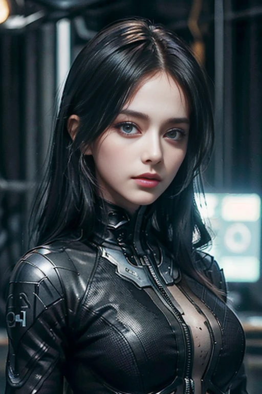 A woman with cyberpunk-style mechanized body parts stands out, durchsichtige Haut gibt den Blick auf Schaltkreise und Kabel frei, while his eyes glow with colored LEDs. The limbs are a mixture of flesh and metal, mit fortschrittlicher Prothetik und kybernetischen Schnittstellen. Tragen einer schwarzen Lederjacke, Die Figur spielt in einer dystopischen urbanen Umgebung mit verfallenden Wolkenkratzern. The image represents the fusion of humans and mechanics in the futuristic world of cyberpunk