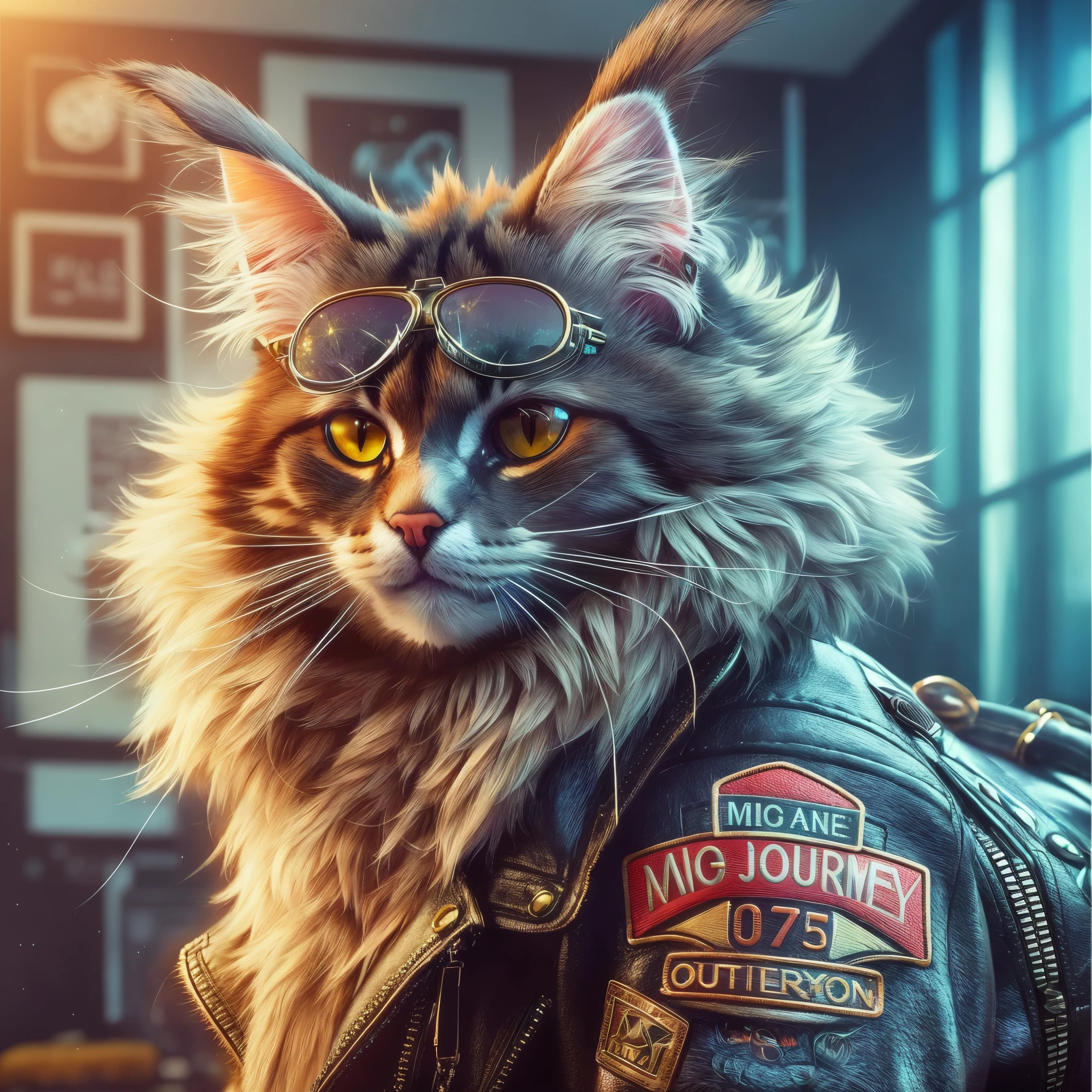 there is a cat in a leather jacket and glasses, furry digital art, cat furry, furry character portrait, furry fantasy art, anthro cat, Amazing digital art, awesome cat, cyberpunk cat, beautiful digital artwork, photorealistic artstyle, ultrarealistic concept art, by Alexander Kucharsky, photorealistic artstyle, amazing wallpaper