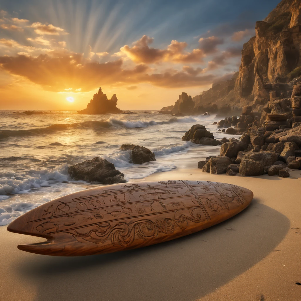 (best quality,4k,8k,highres,masterpiece:1.2),ultra-detailed,(realistic,photorealistic,photo-realistic:1.37),ancient artifacts,ancient relics,beautifully carved stone sculptures,glowing gemstones,ancient symbols,worn and weathered statues,mysterious woman,serene expression,flowing hair,powerful waves,subtle sunset colors,dramatic lighting,magical atmosphere,deep ocean,hidden cave,secrets of the past,engraved inscriptions,surfboard made of ancient wood,archaeological discovery,lost civilization.